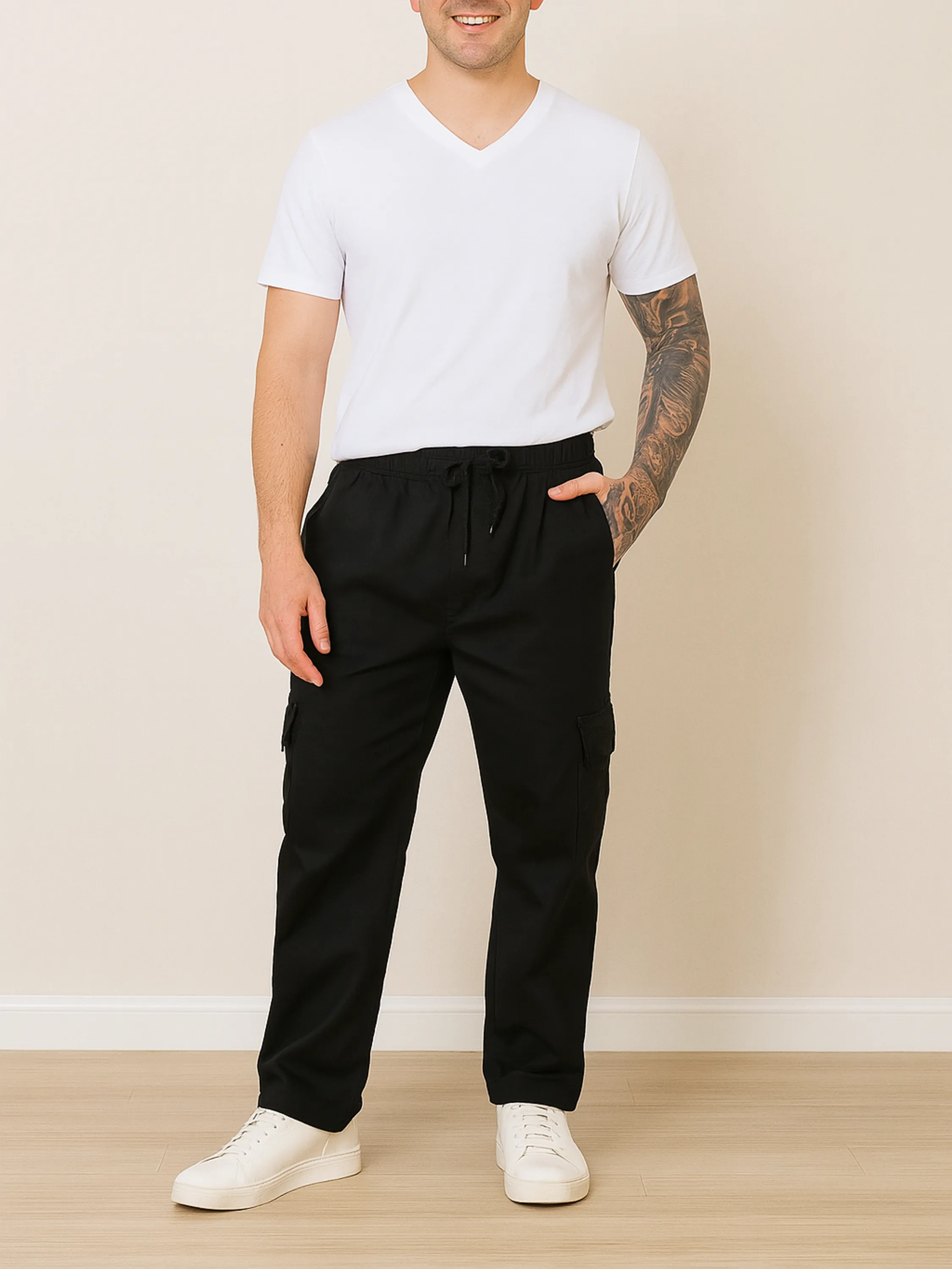Calça Cargo Masculina Sarja Elástica Cordão Kit 14 Preta