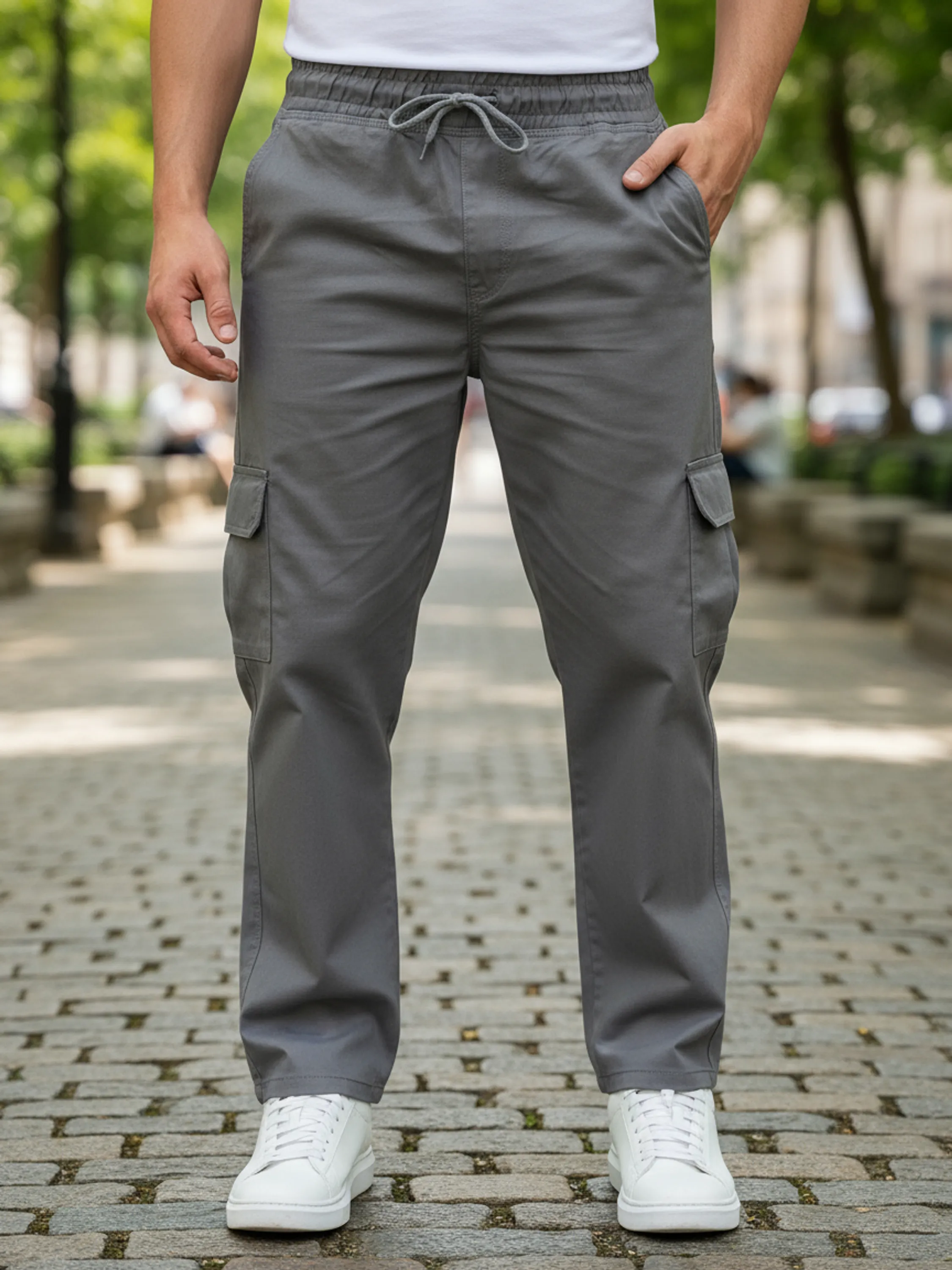 Calça Cargo Masculina Sarja Elástica Cordão Kit 14 Cinza