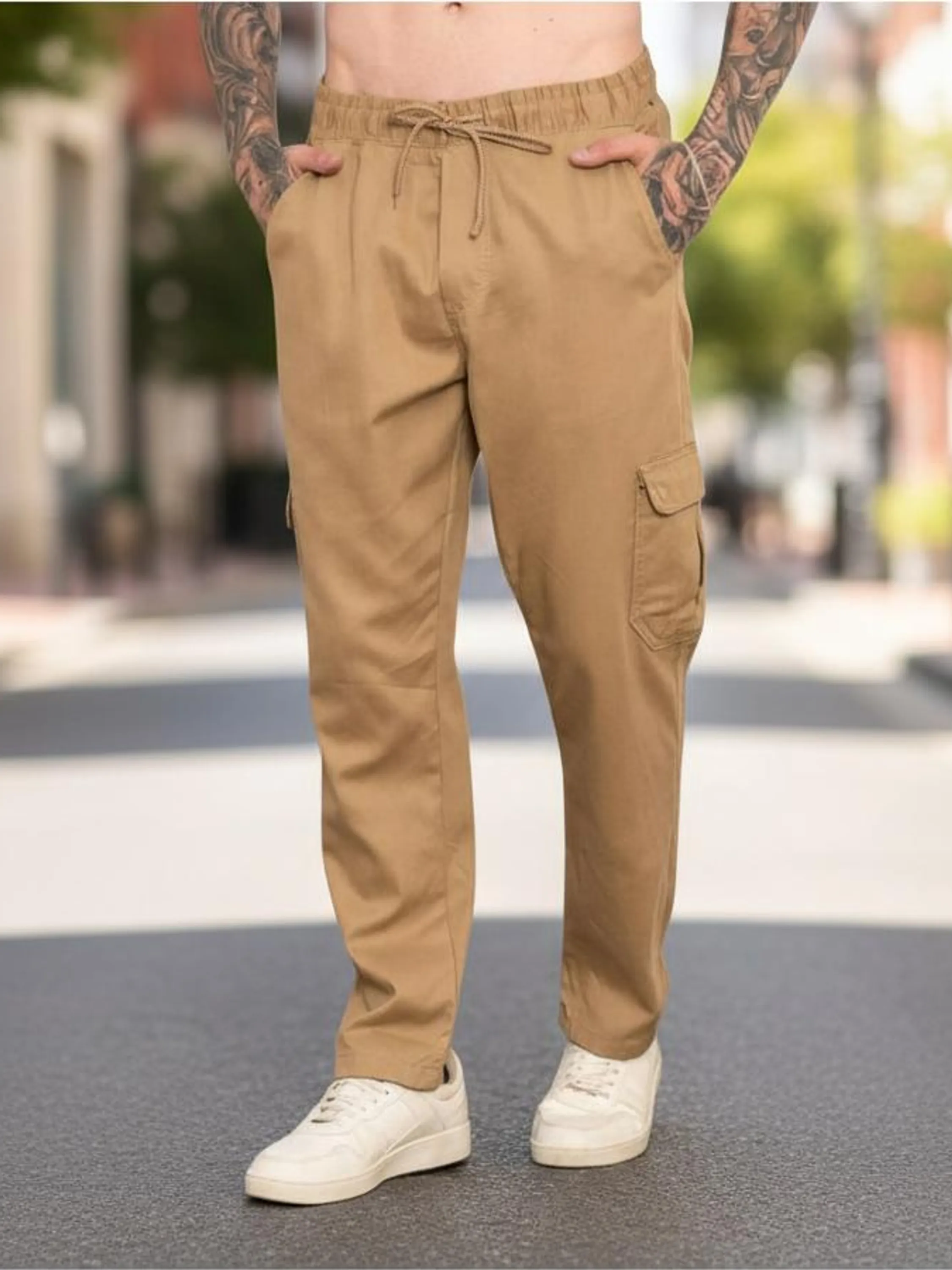Calça Cargo Masculina Sarja Elástica Cordão Kit 14 Caramelo