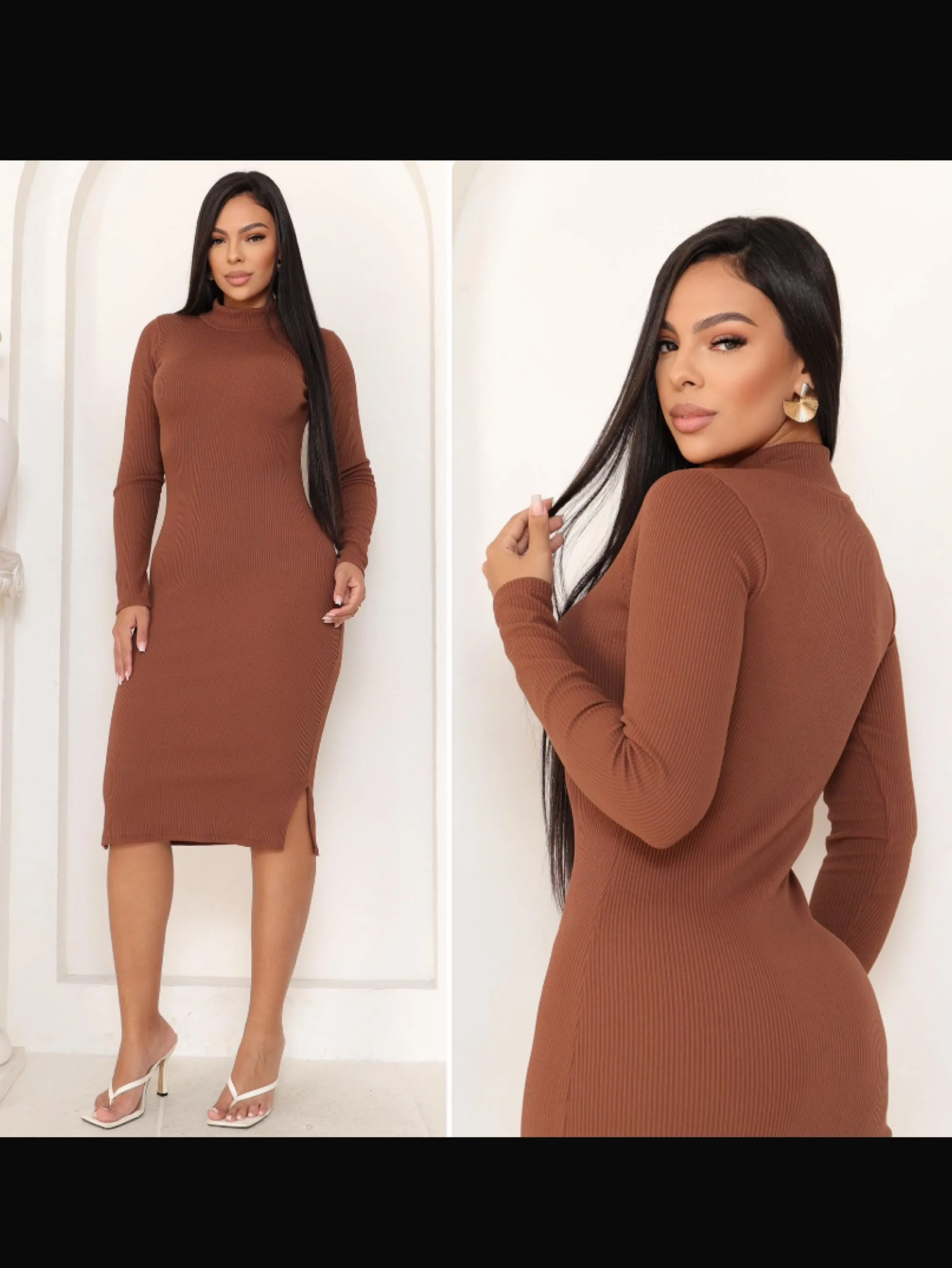 Vestido gola manga longa midi