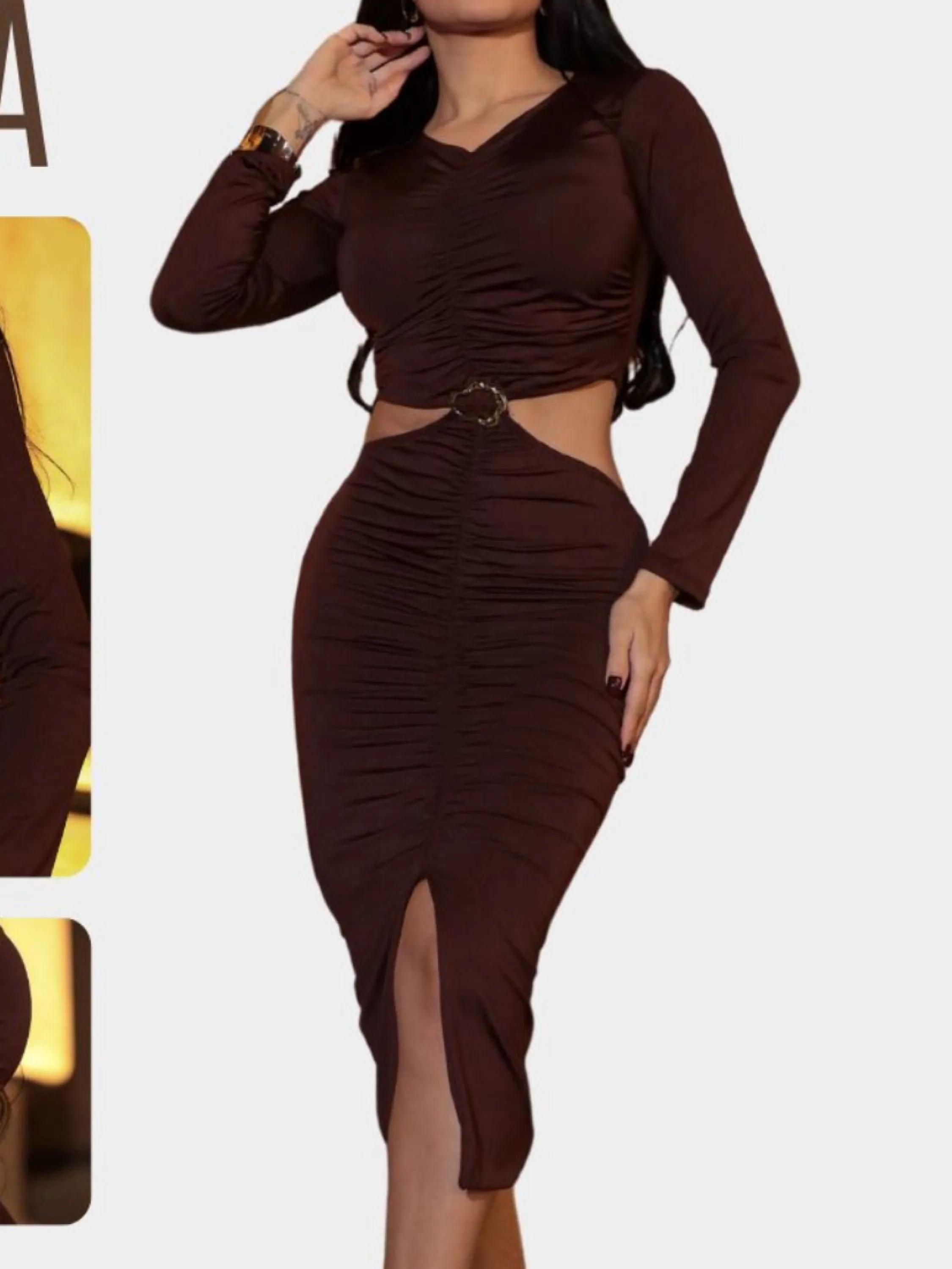 Vestido drapeado manga longa possui bojo