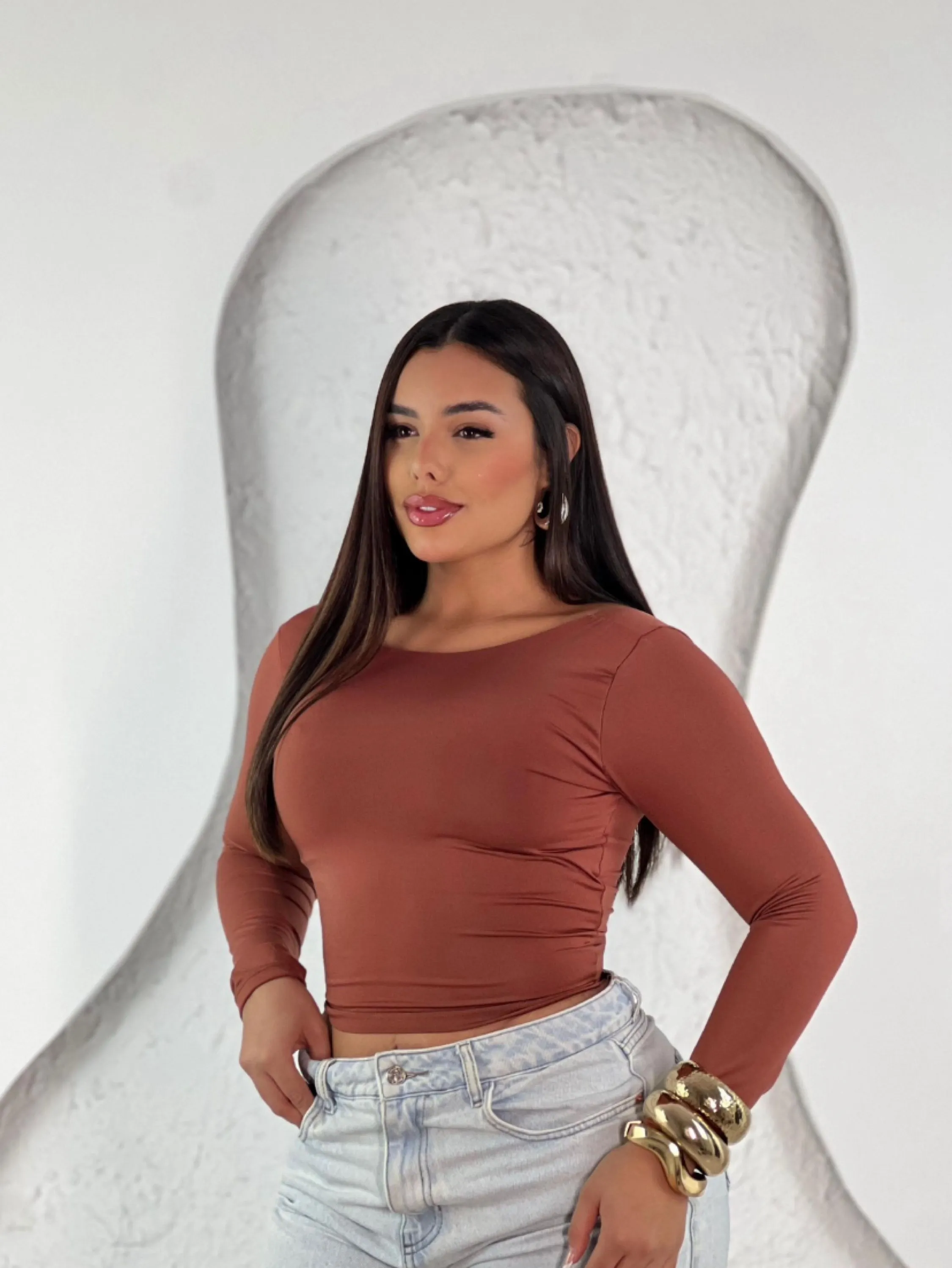 Cropped costa nua manga longa