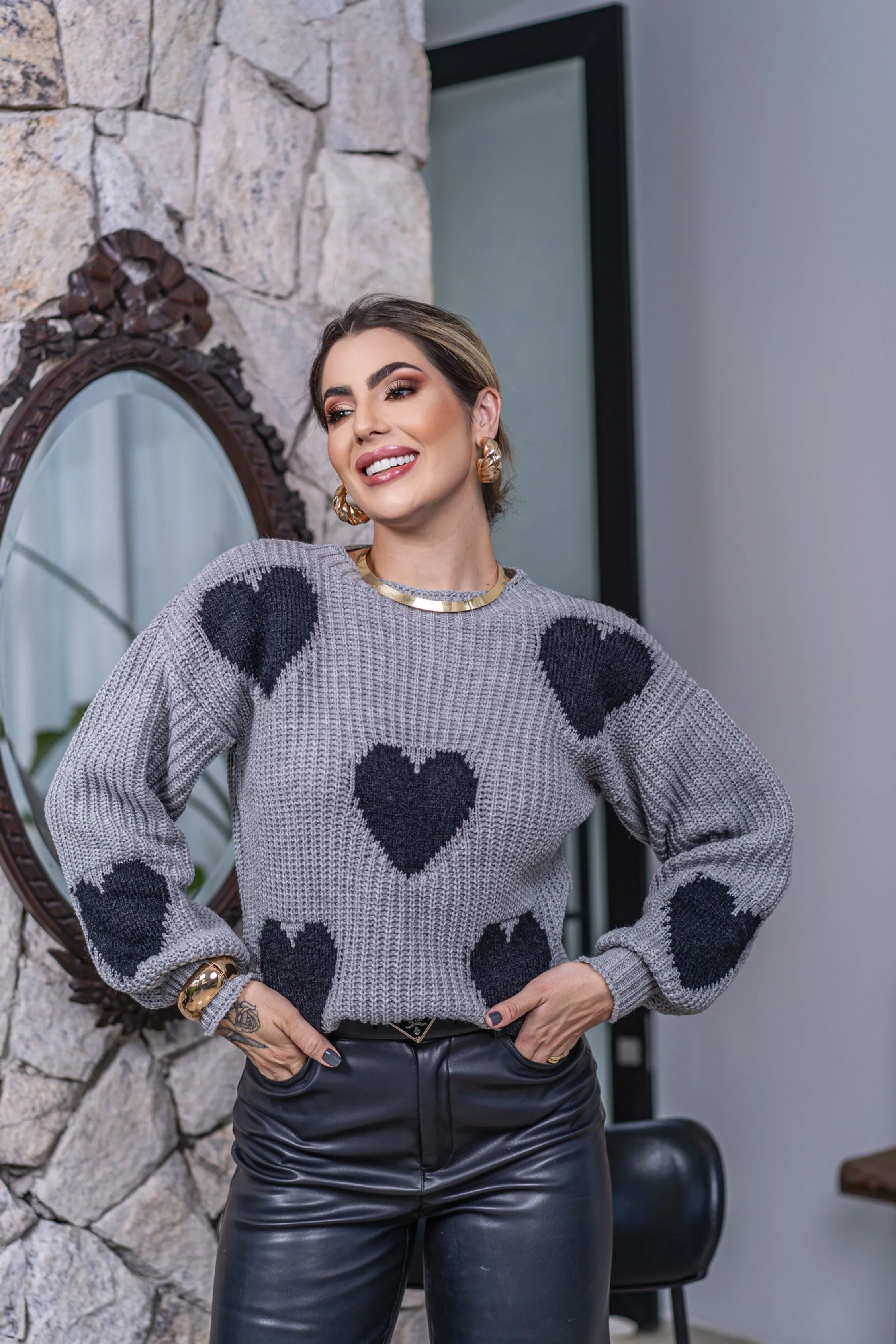 Blusa de Coração Tricô Manga Longa Bufante Lãzinha