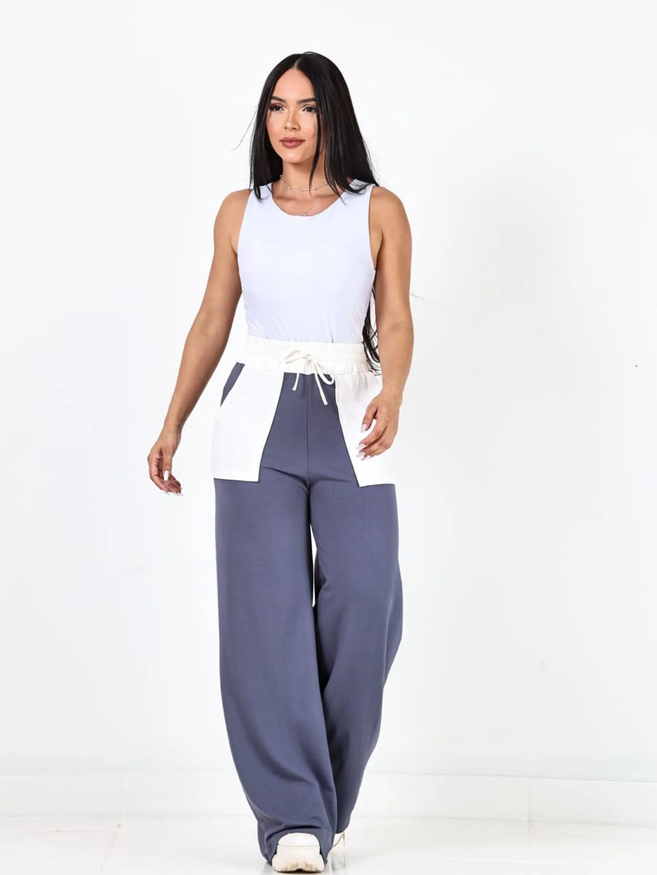 Calça pantalona feminina moletinho bicolor com bolso