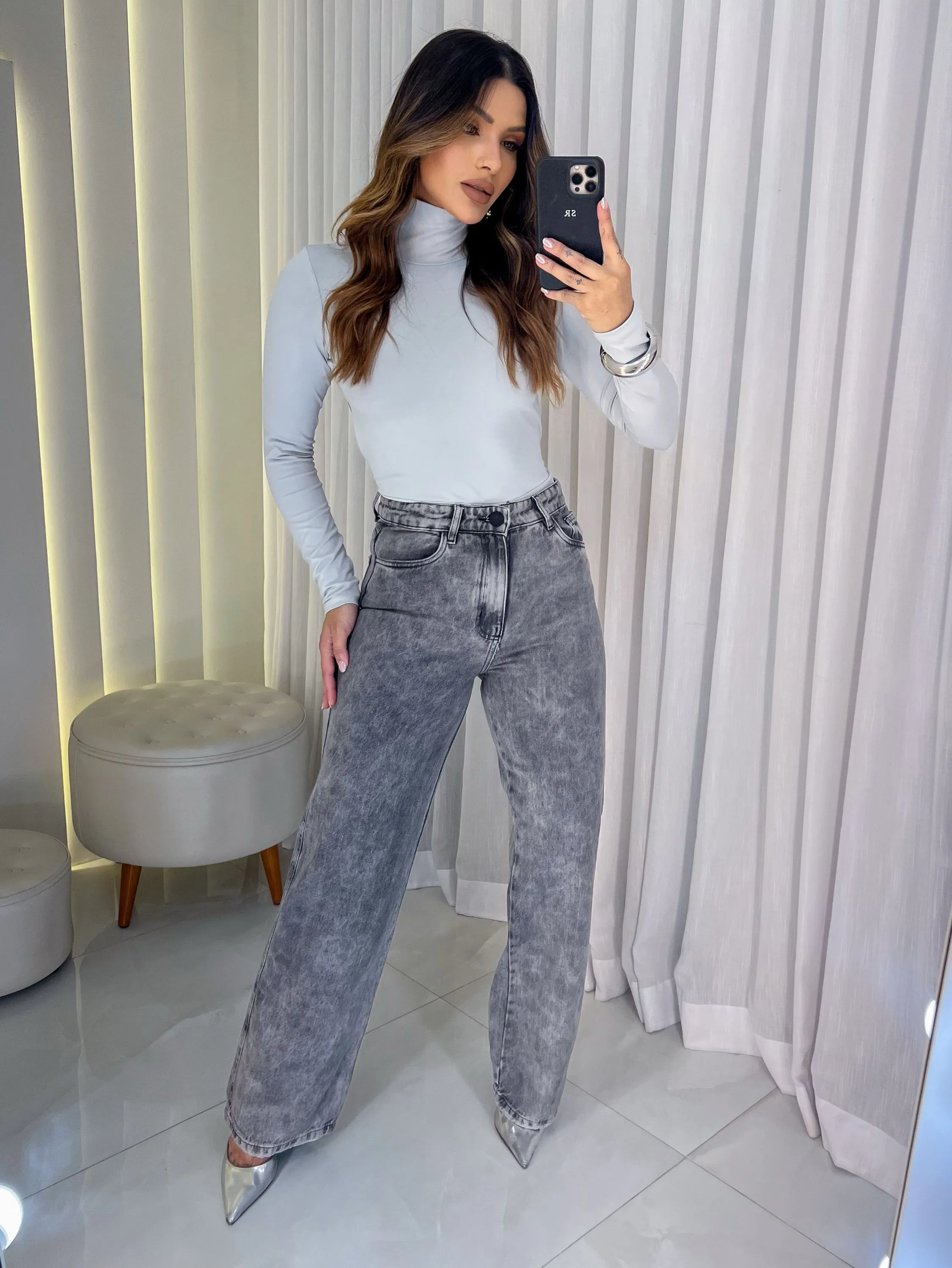 Wide Leg jeans cinza estonada feminina cintura alta