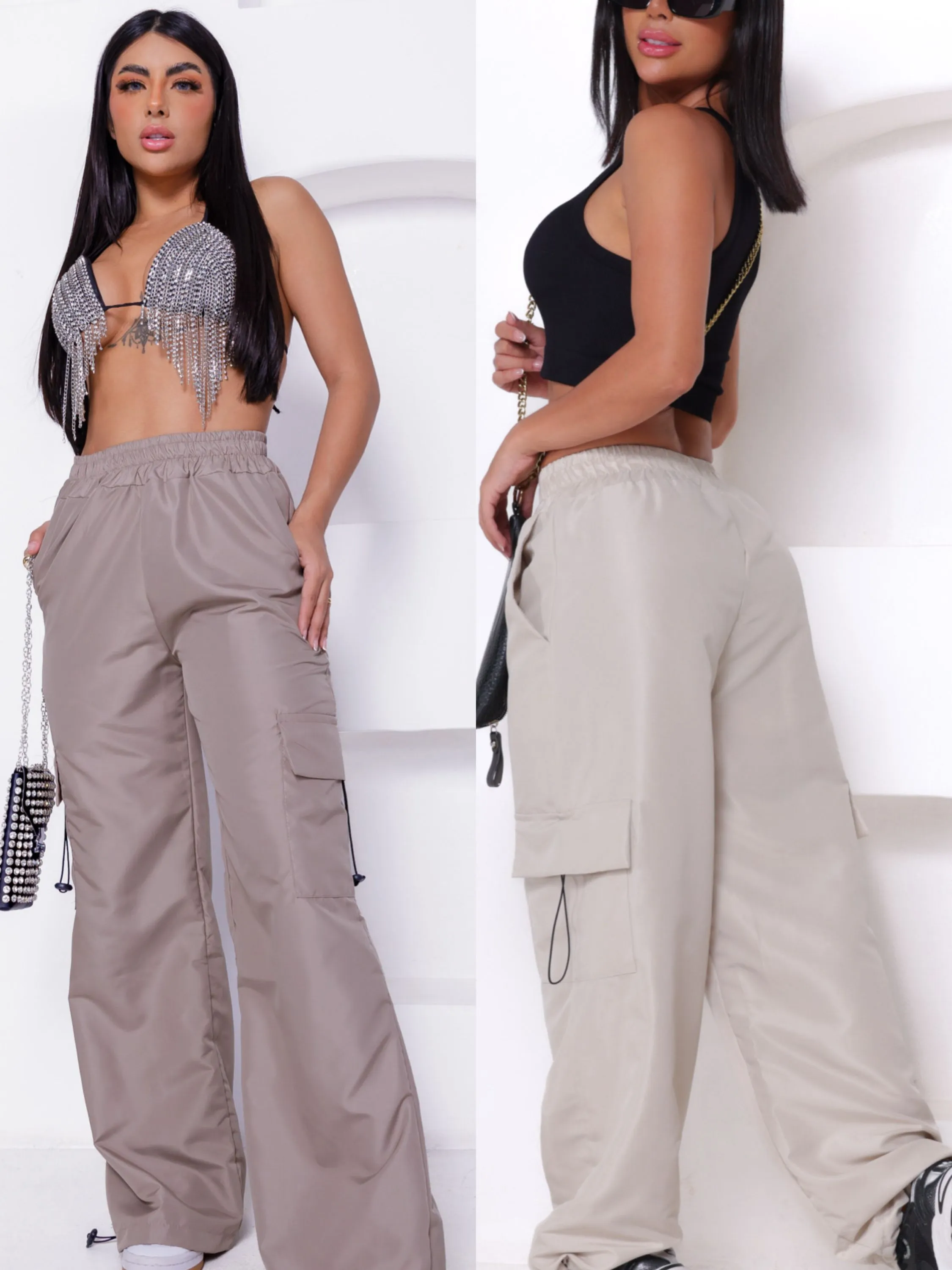 Calça cargo parachute feminina com bolsos laterais