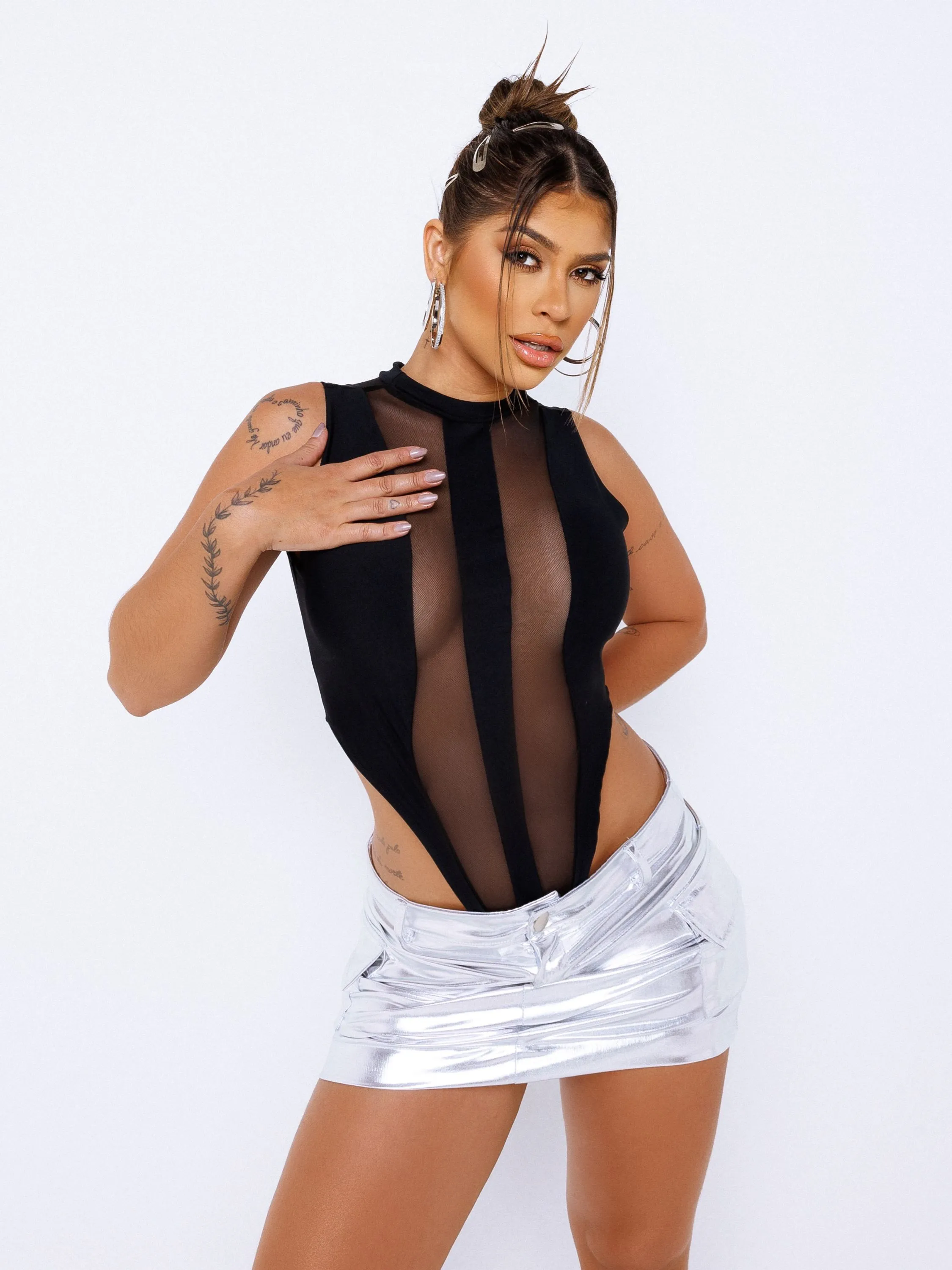 Body Lucy Feminino Recortes Duplo Suplex Tule