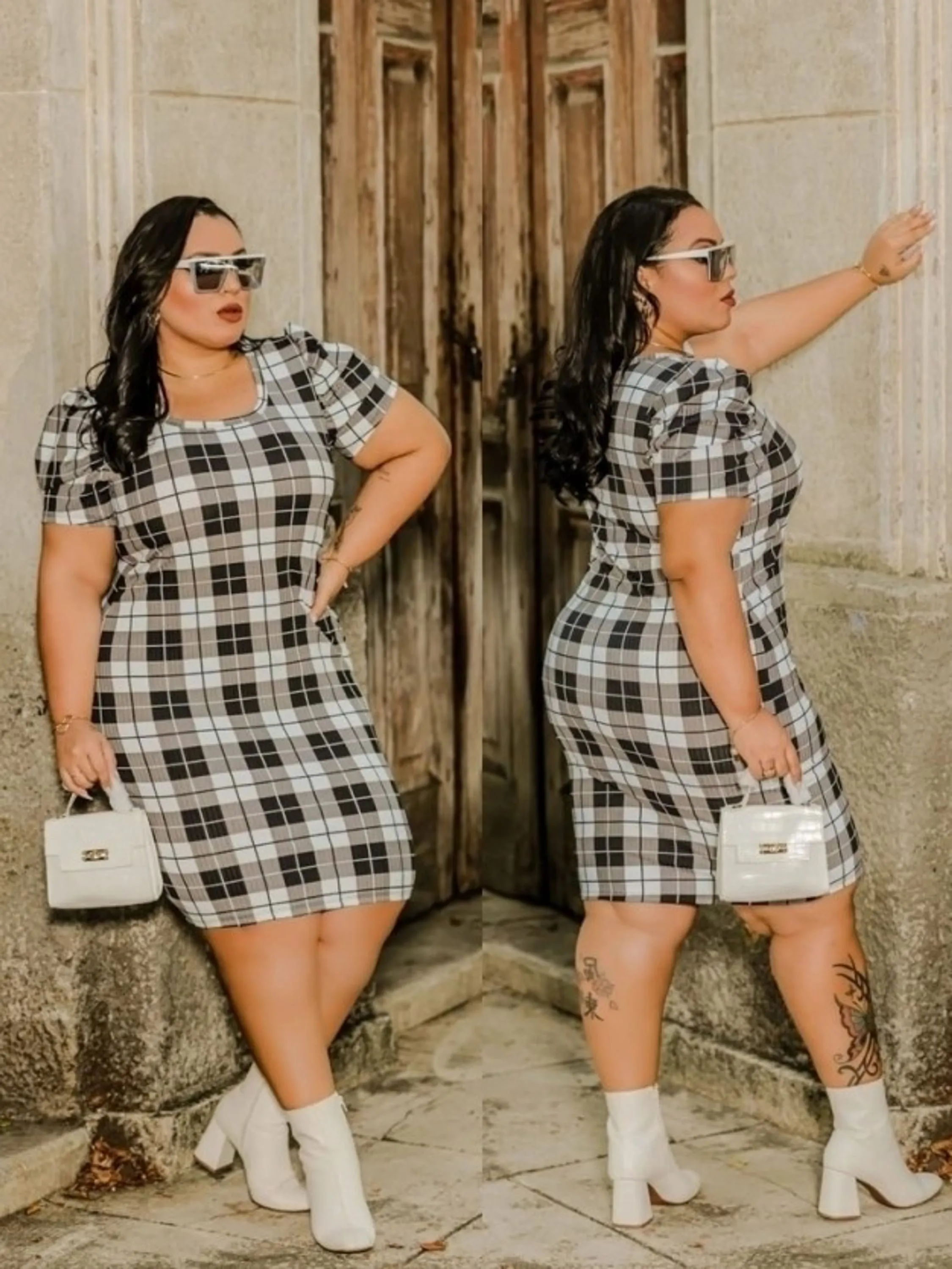Vestido Plus Size Curto Xadrez Manga Princesa Princesa