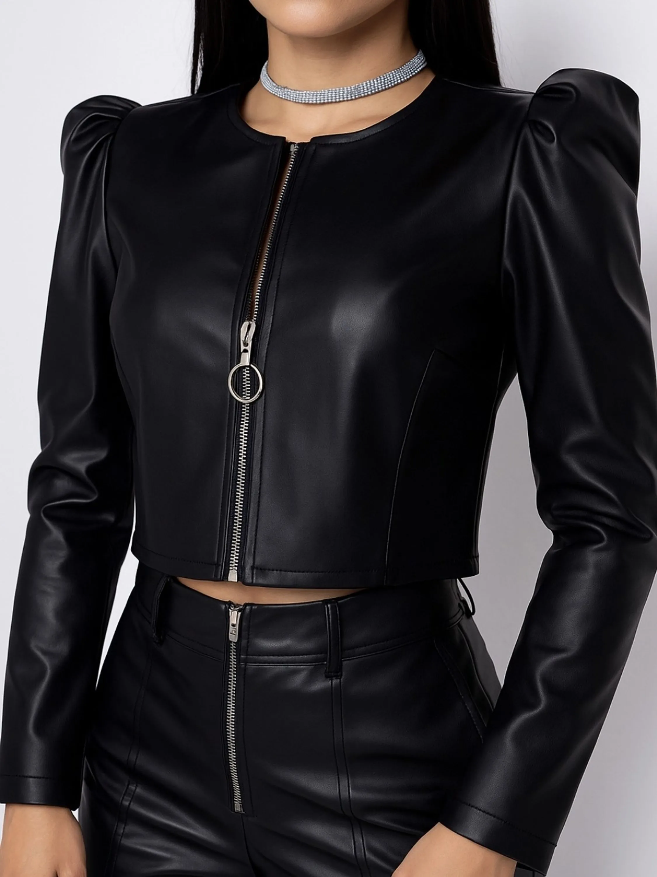 Jaqueta Cropped Feminina Couro Fake Manga Princesa Bufante