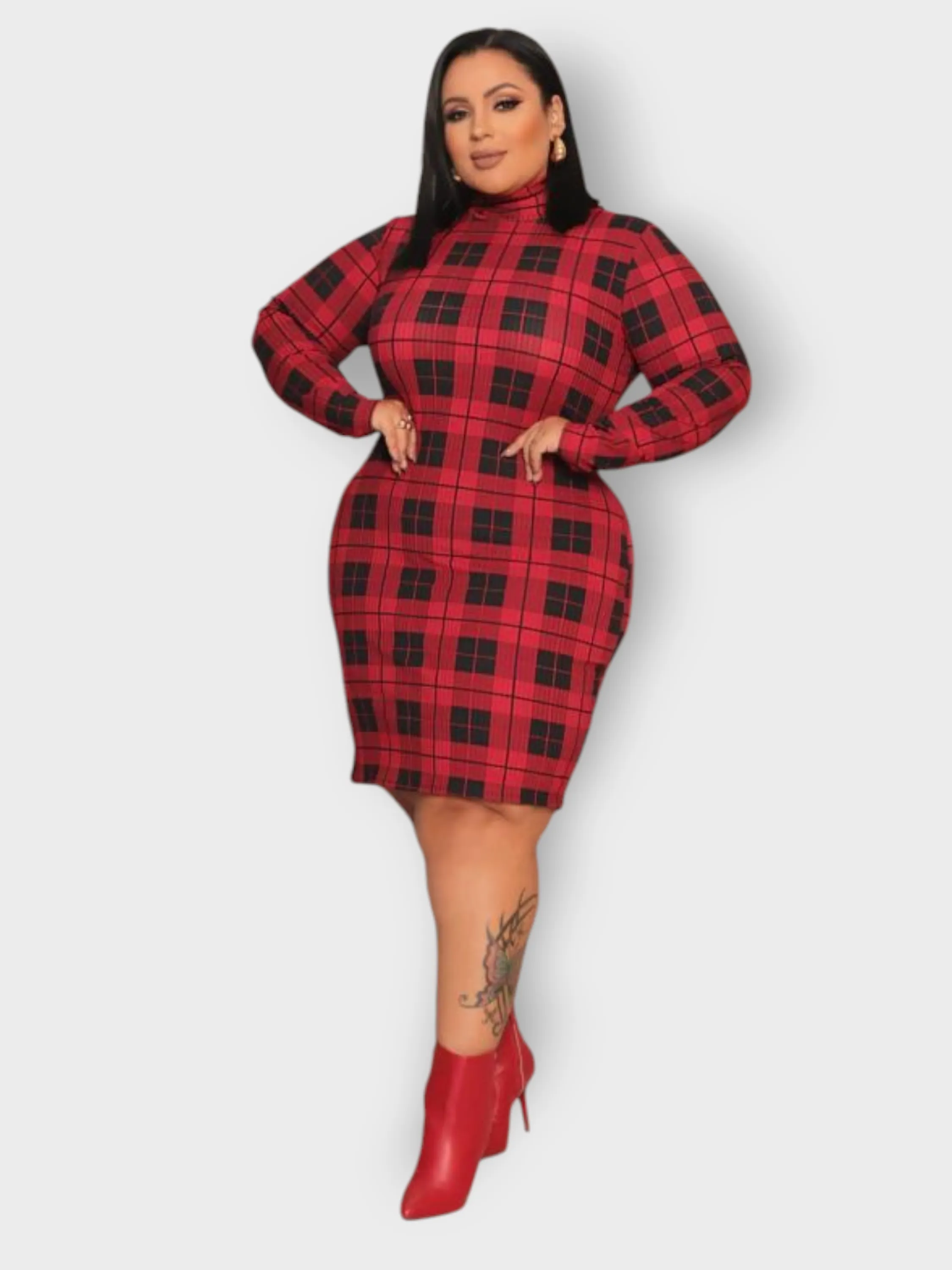Vestido Xadrez Plus Size Feminino Manga Longa Gola Alta