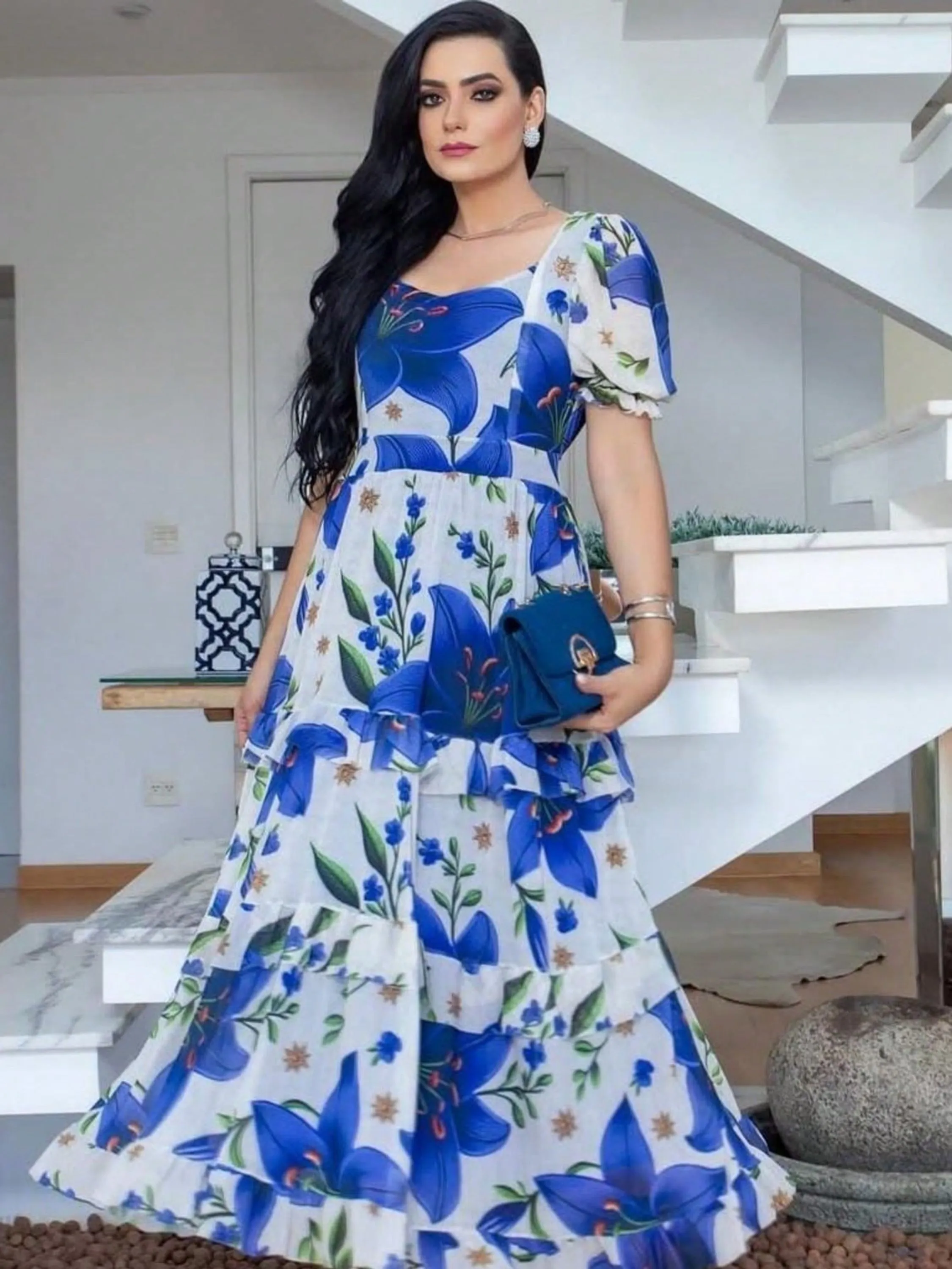 Vestido Longo 3 Marias Manga Princesa Tule Estampado