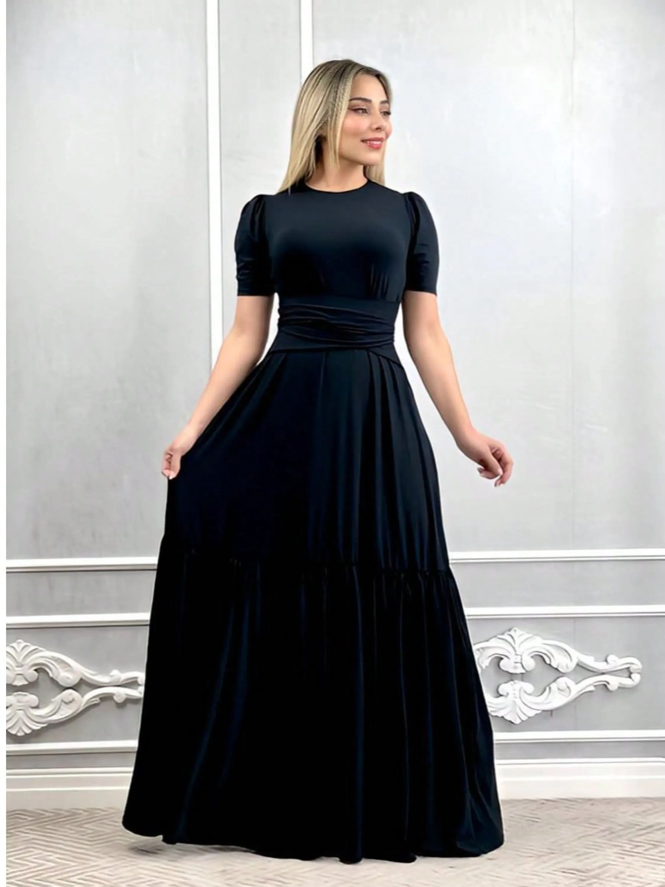 Vestido Longo Feminino 1 Maria Manga Princesa Com Cinto Laço