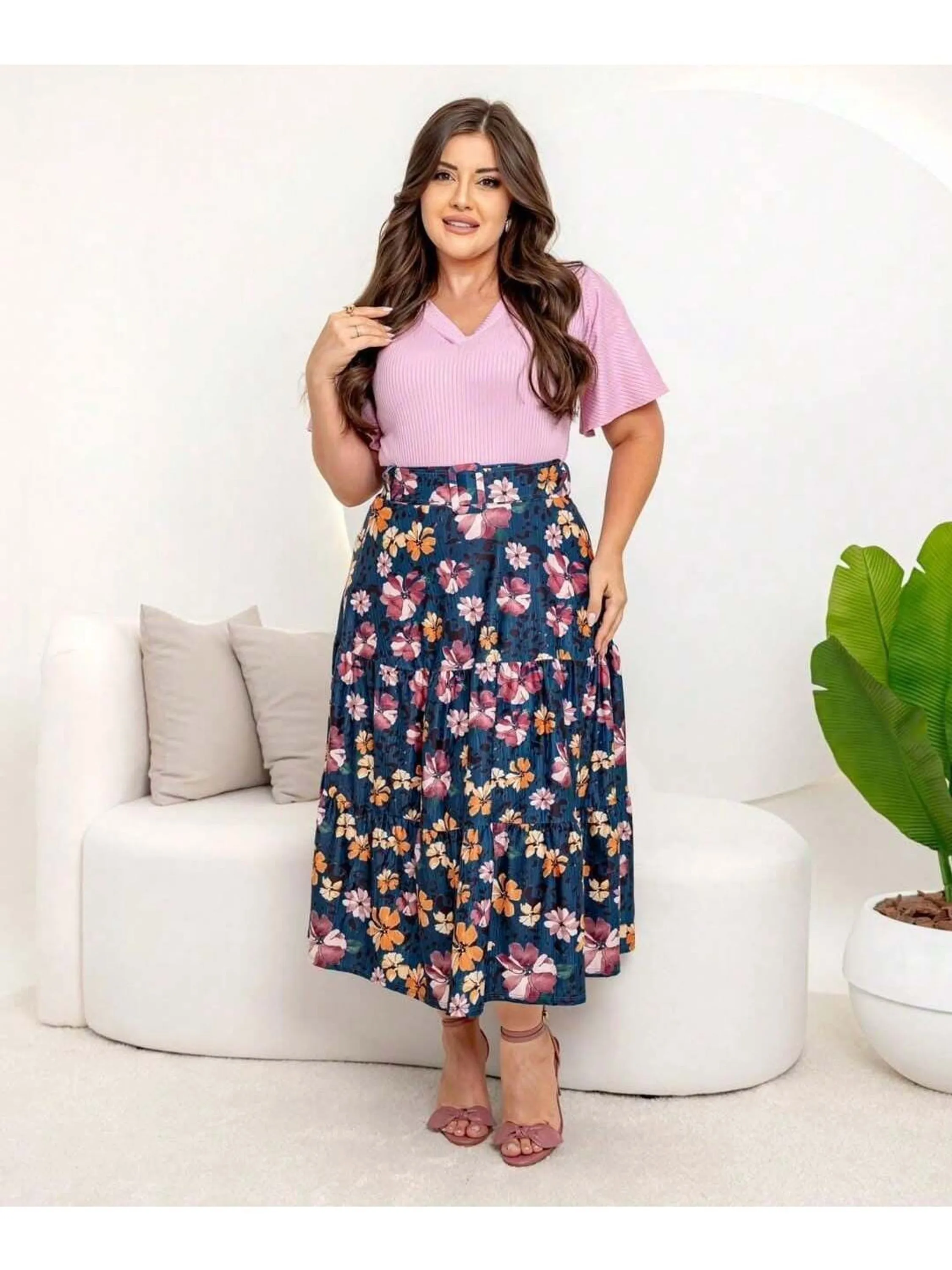 Saia Feminina Longa Duas Marias Estampada com Cinto