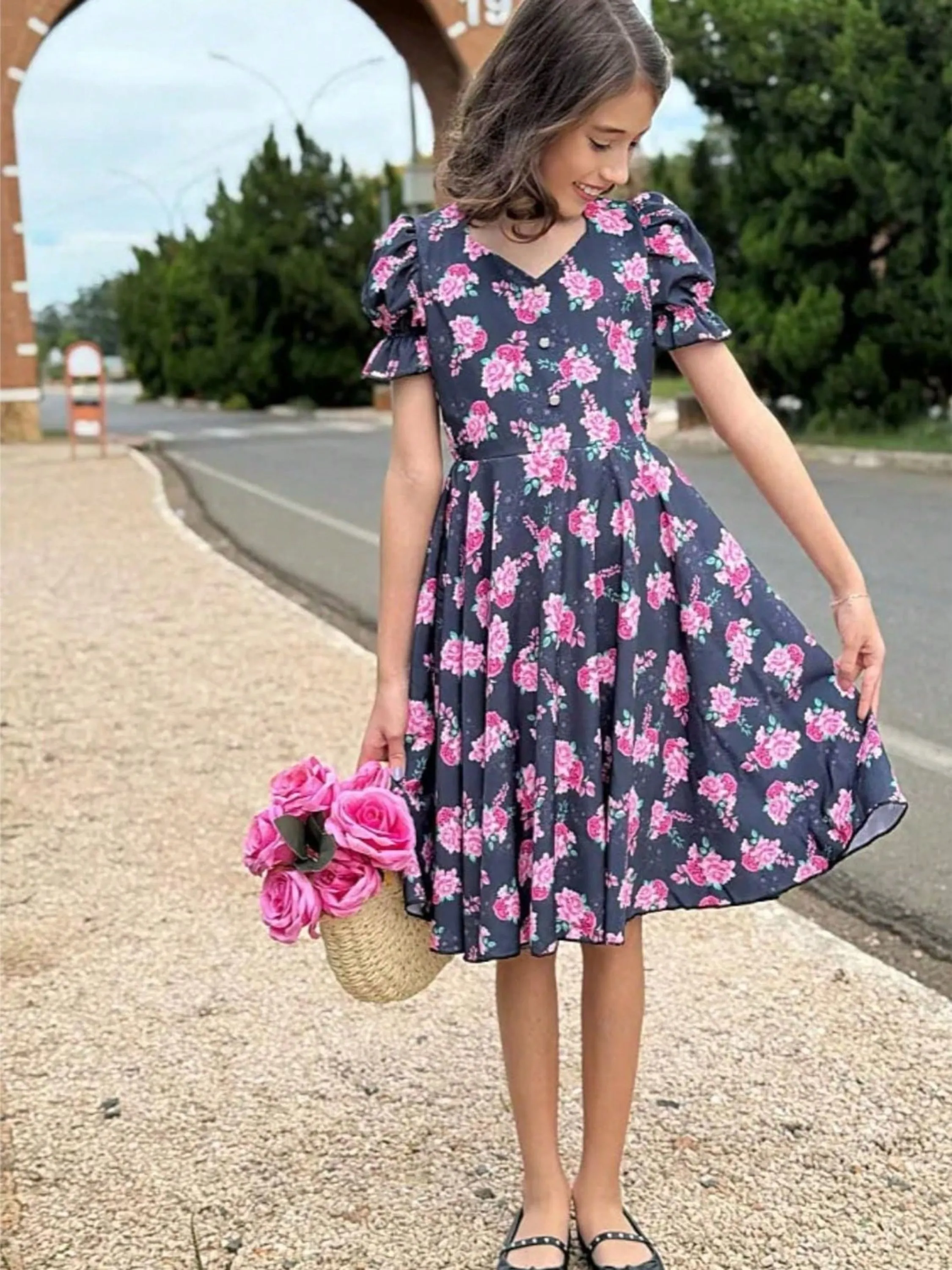 Vestido Feminino Infantil Mídi Godê Estampado Crepe Seda