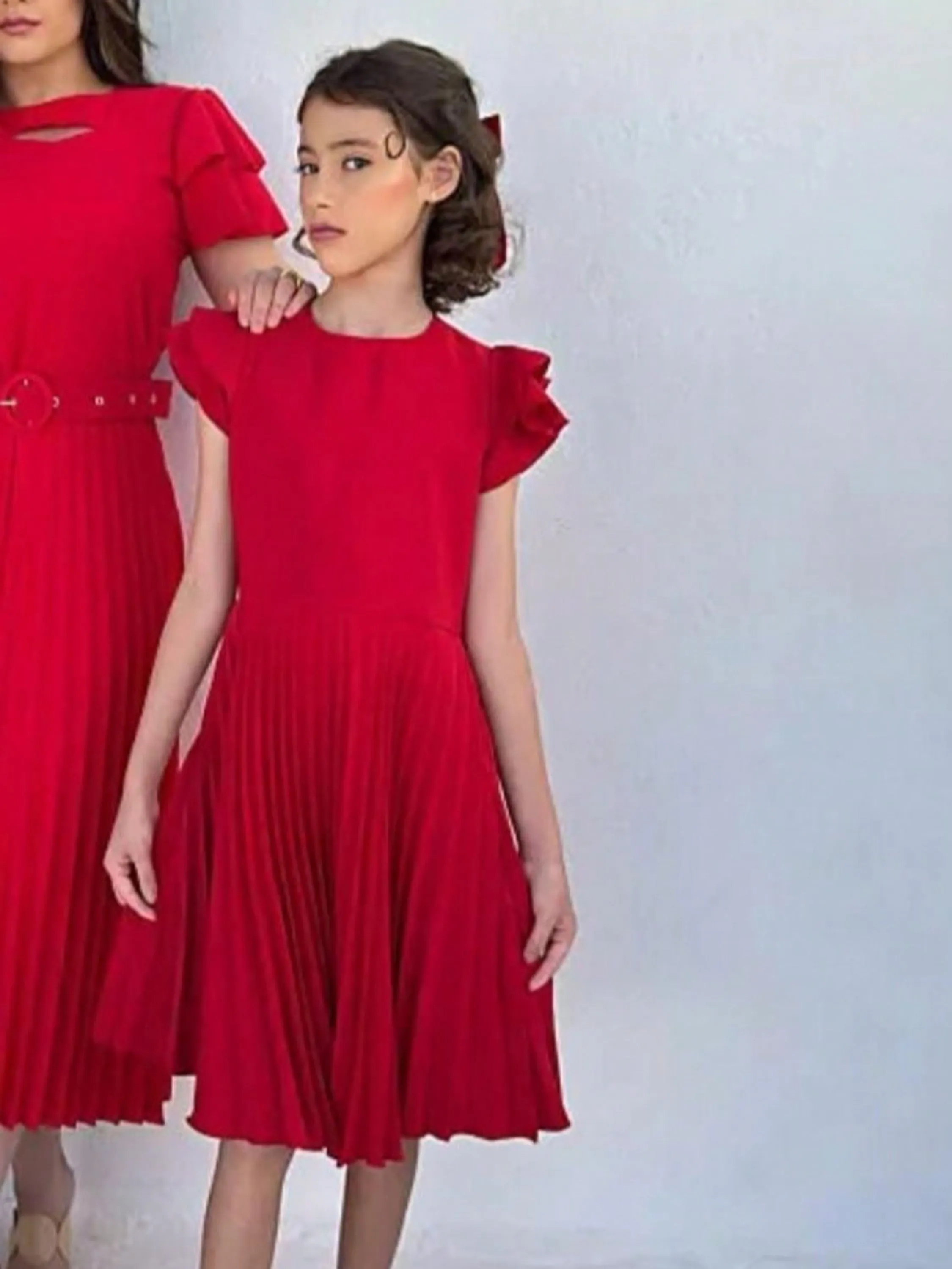 Vestido Mídi Plissado Manga Babado Infantil