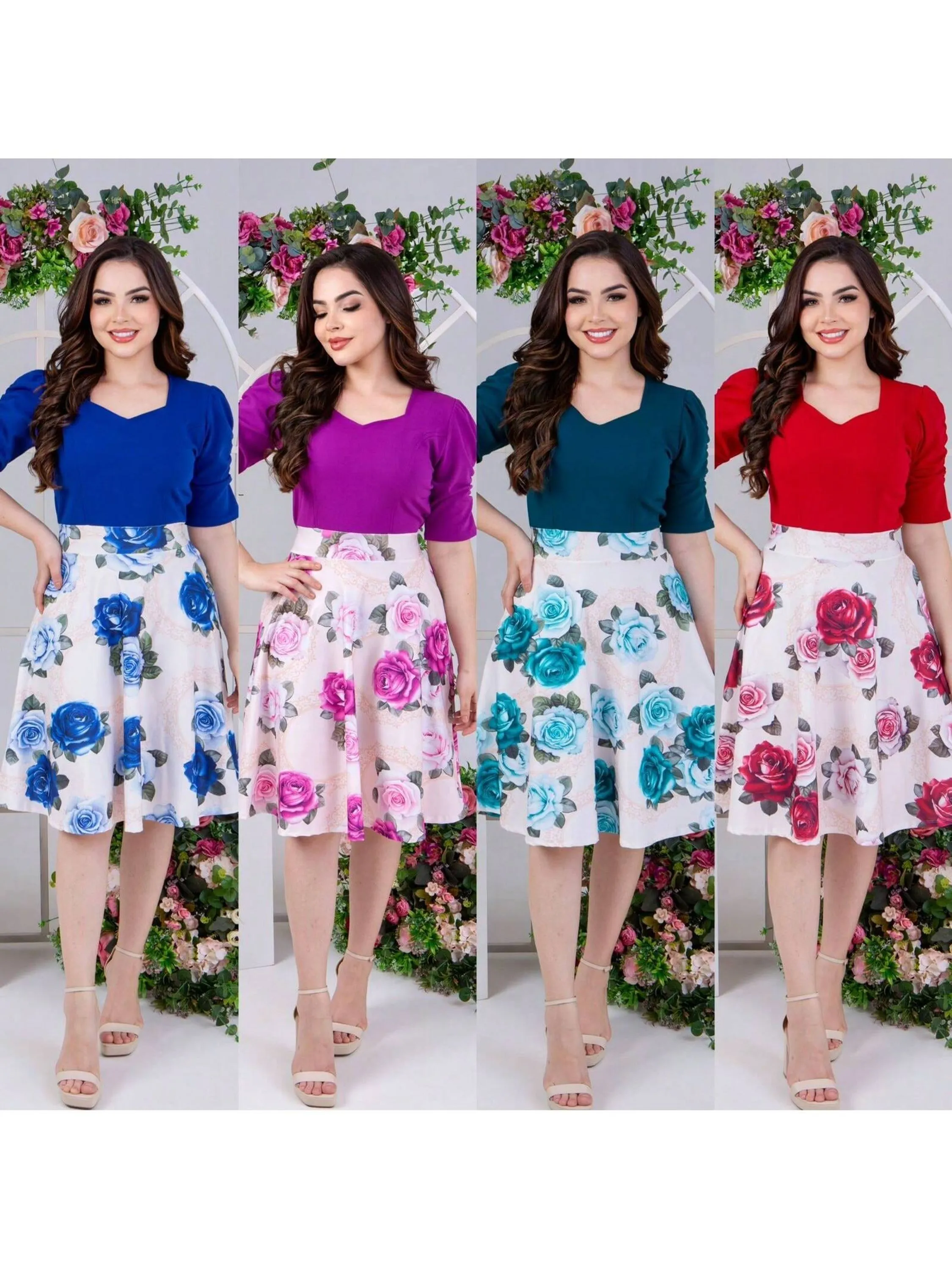 Vestido Feminino Mídi Godê Bicolor Manga Princesa Plissada