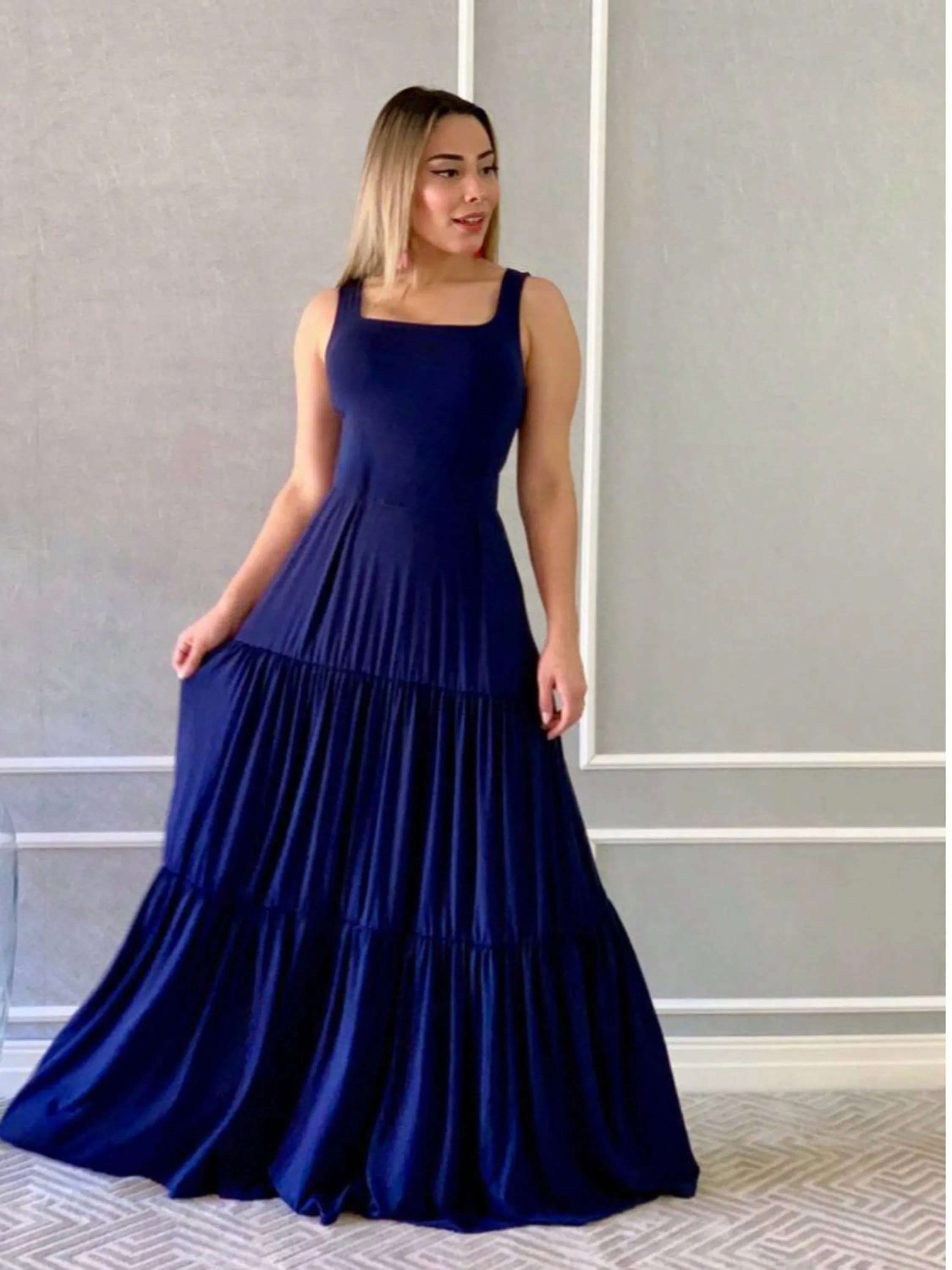 Vestido Longo Feminino 2 Marias Decote Quadrado Alças