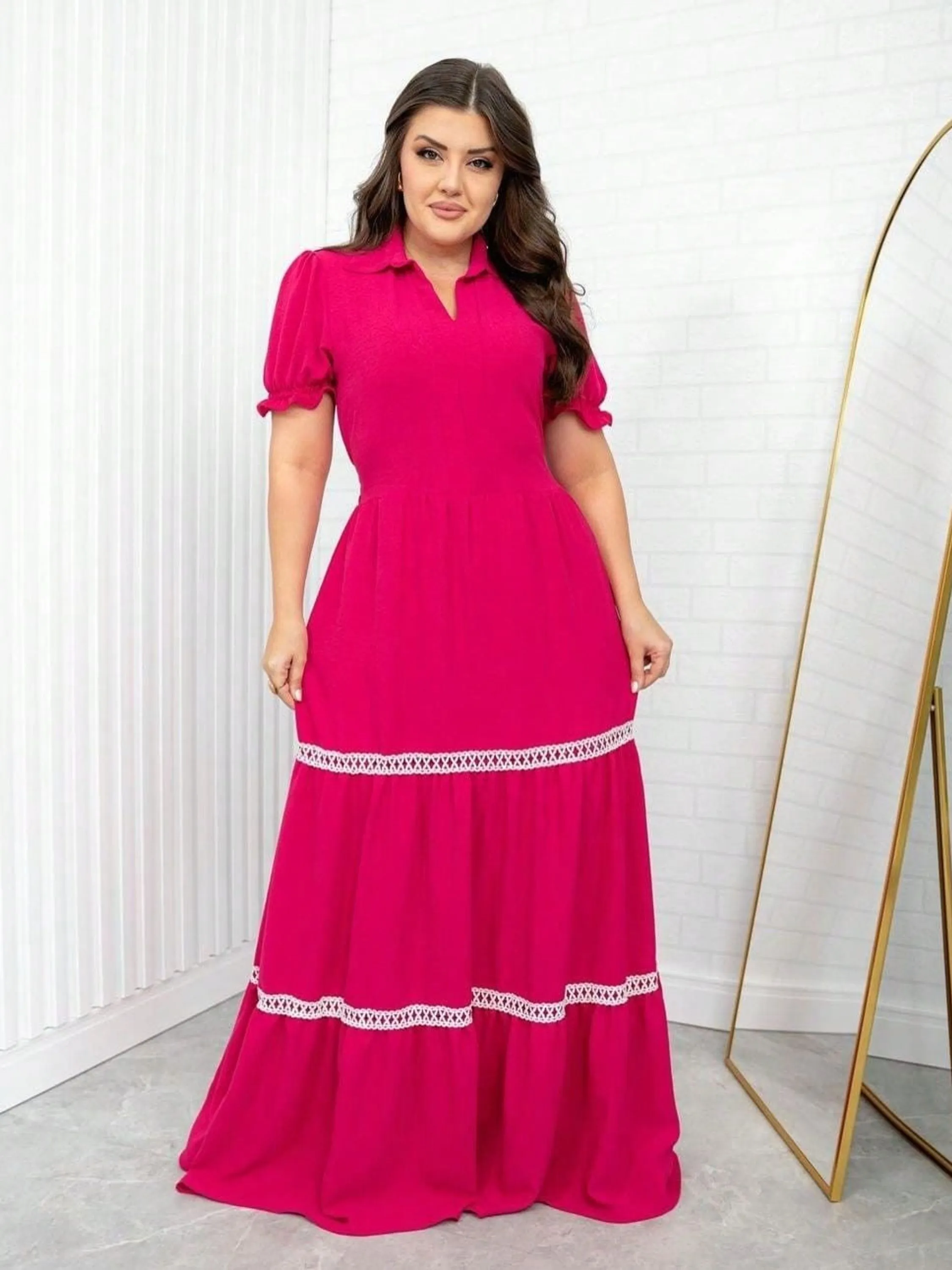 Vestido Longo Feminino 3 Marias Gola Polo Renda Guipir