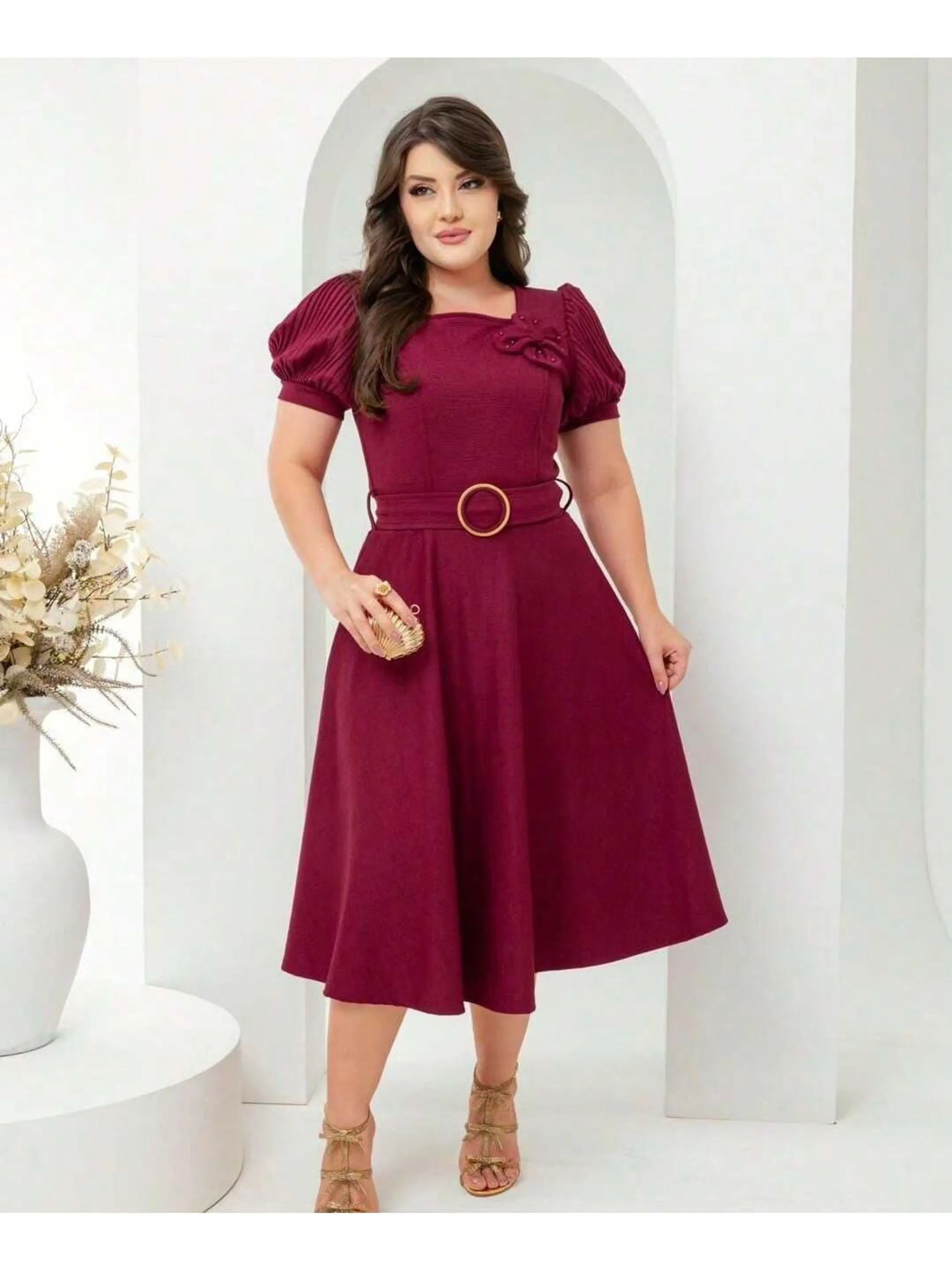 Vestido Feminino Midí Manga Princesa Plissada Cinto Flor
