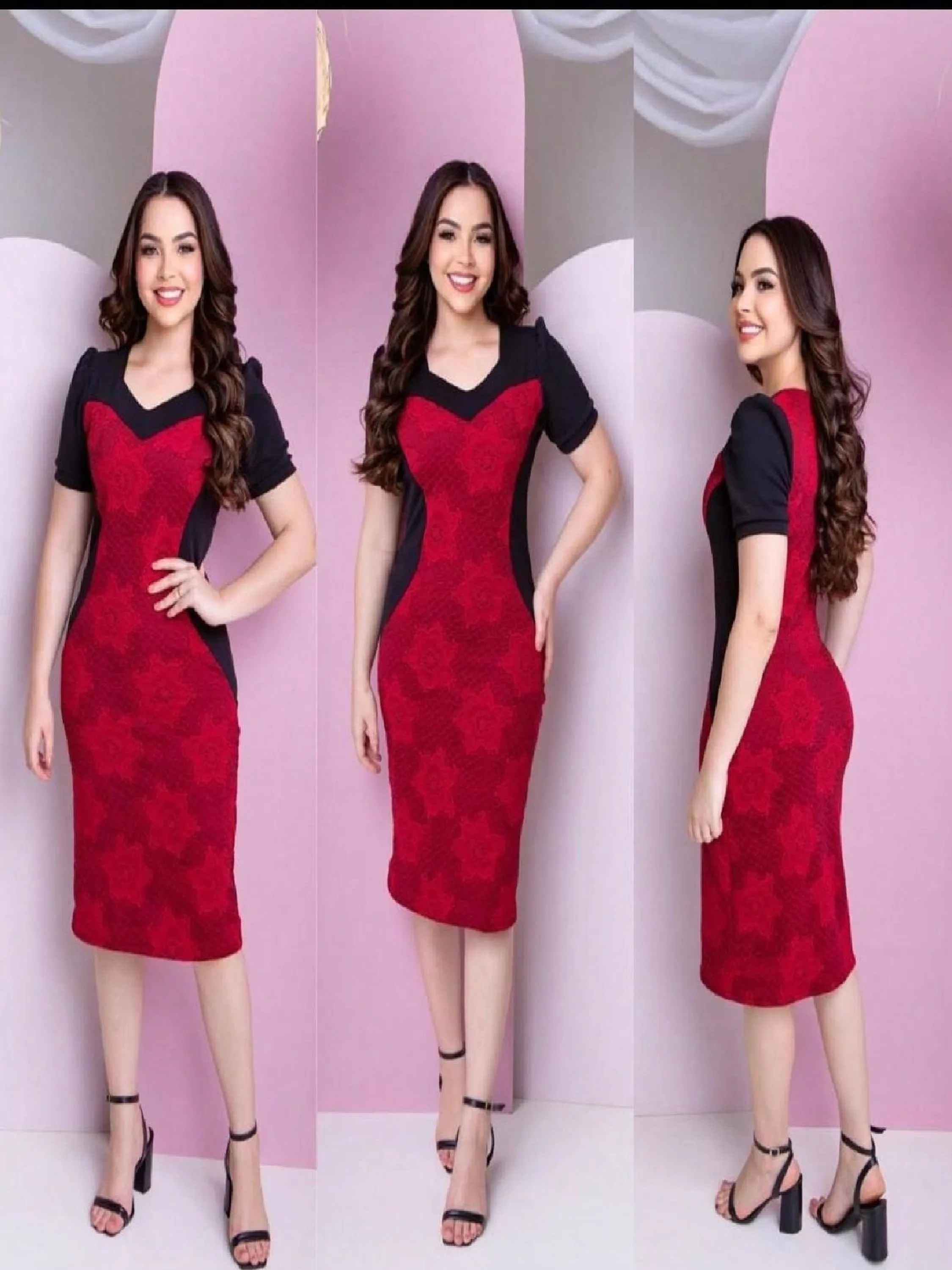 Vestido Feminino Mídi Tubinho Bicolor Manga Curta