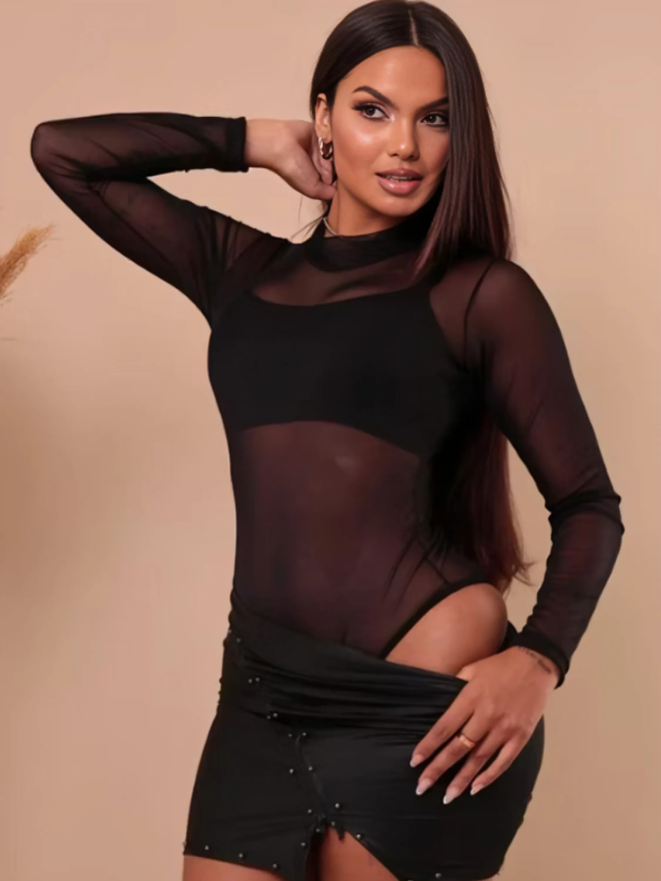 Body de Tule Transparente Gola Alta