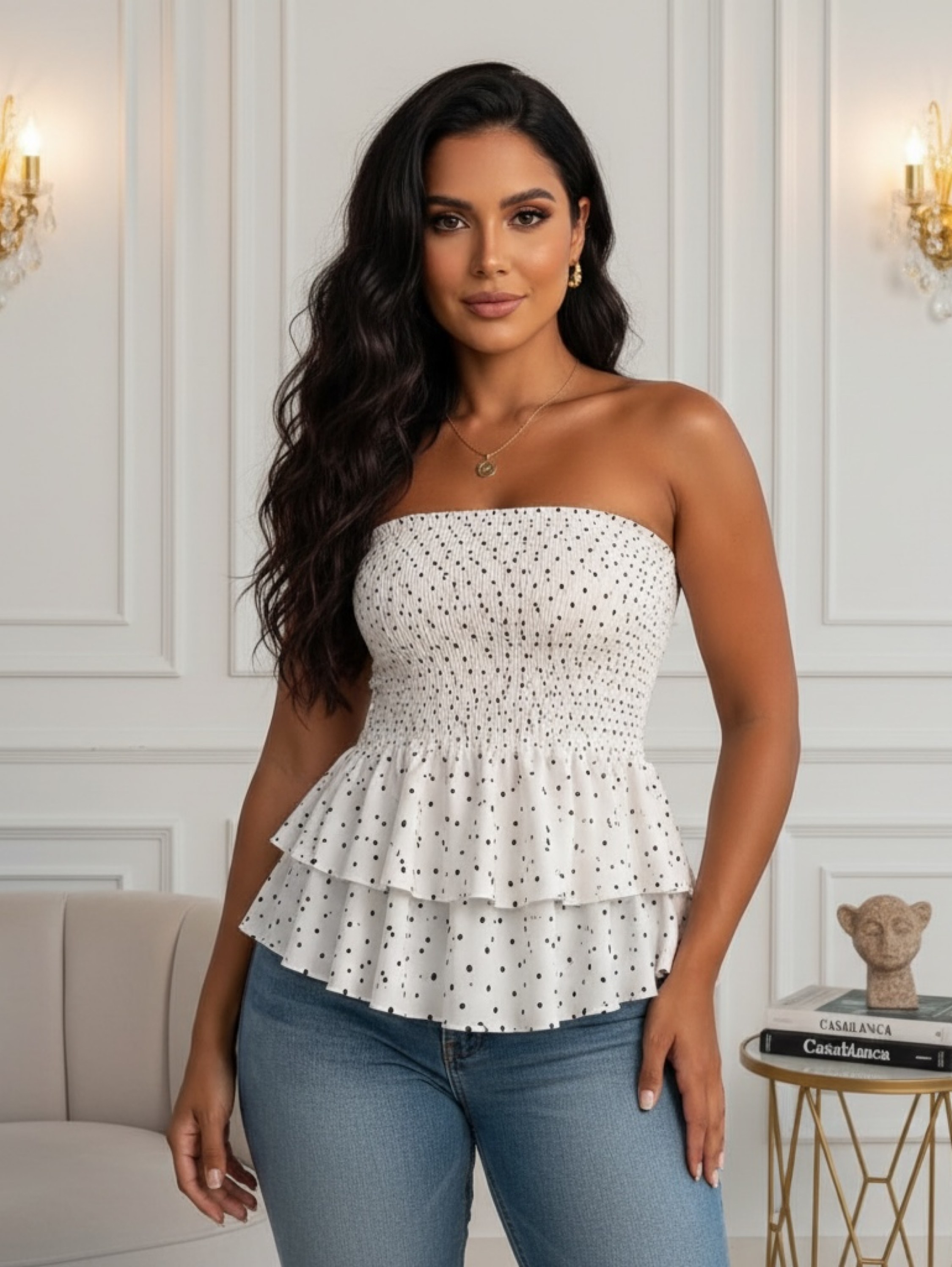 Blusa tomara que caia lastex Poá