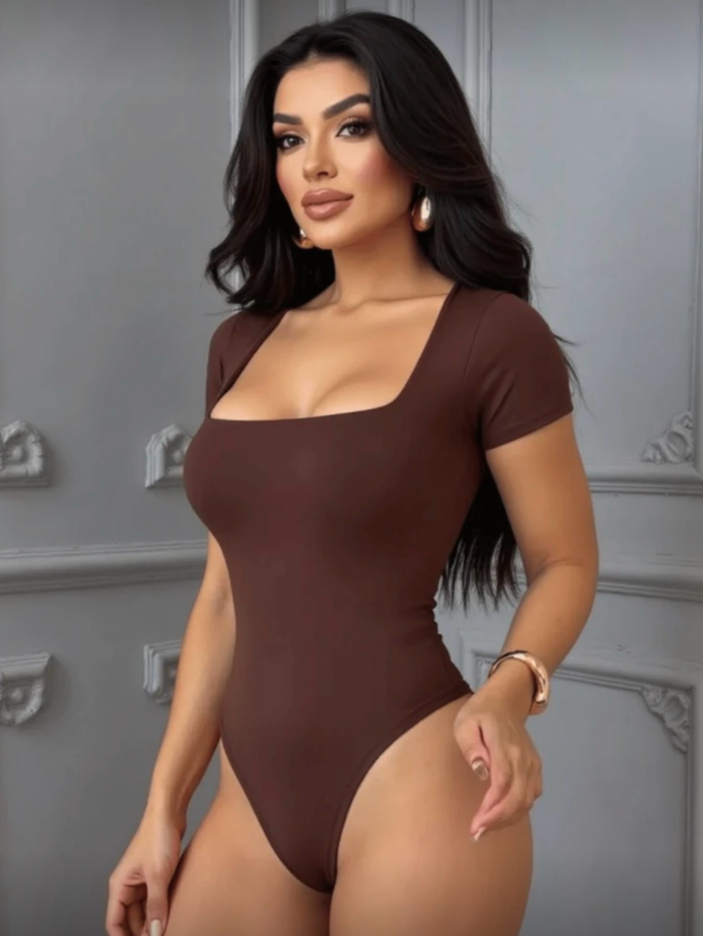 Body com manga decote quadrado