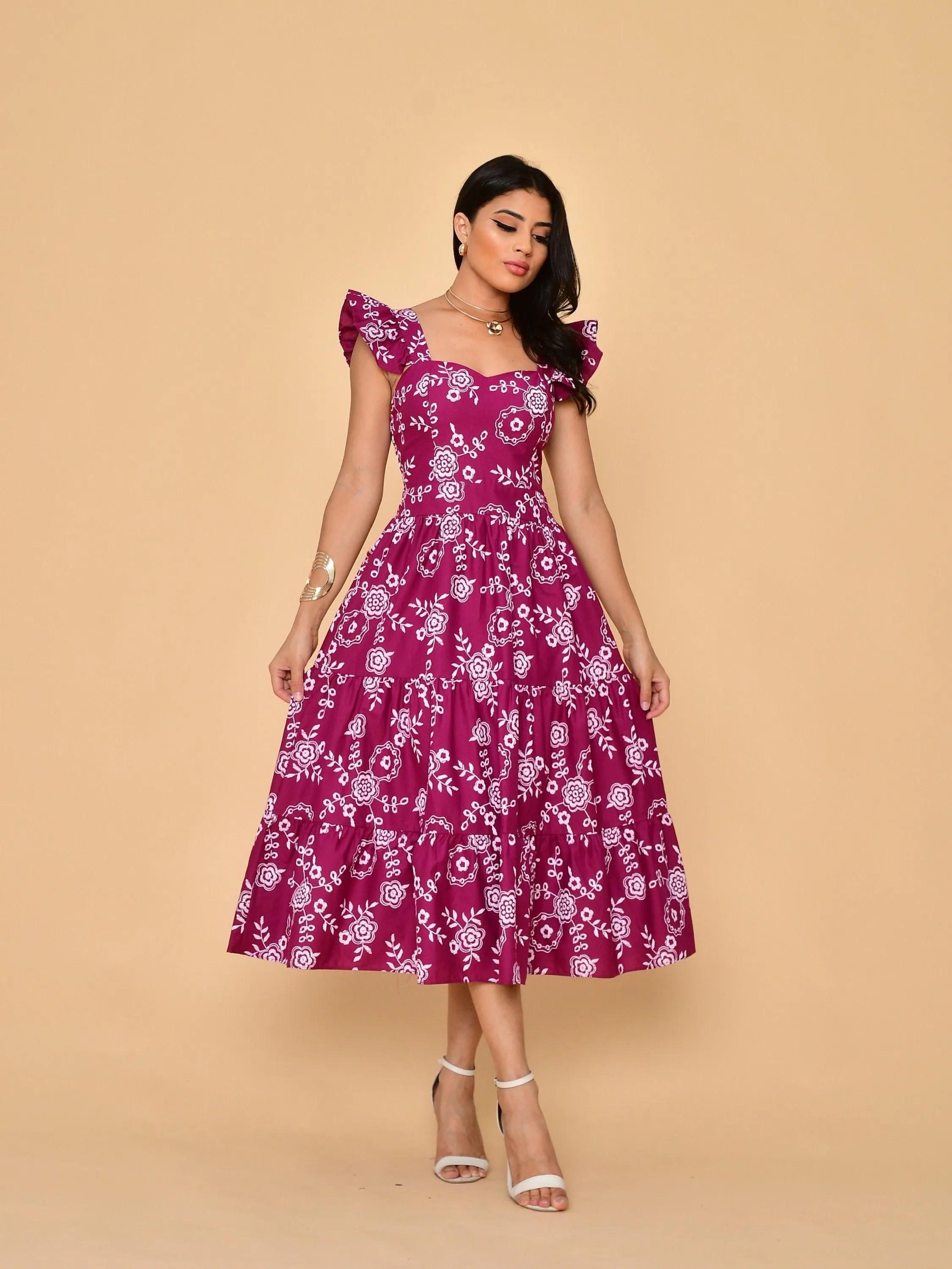 Vestido midi tricôline estampado com babada na manga