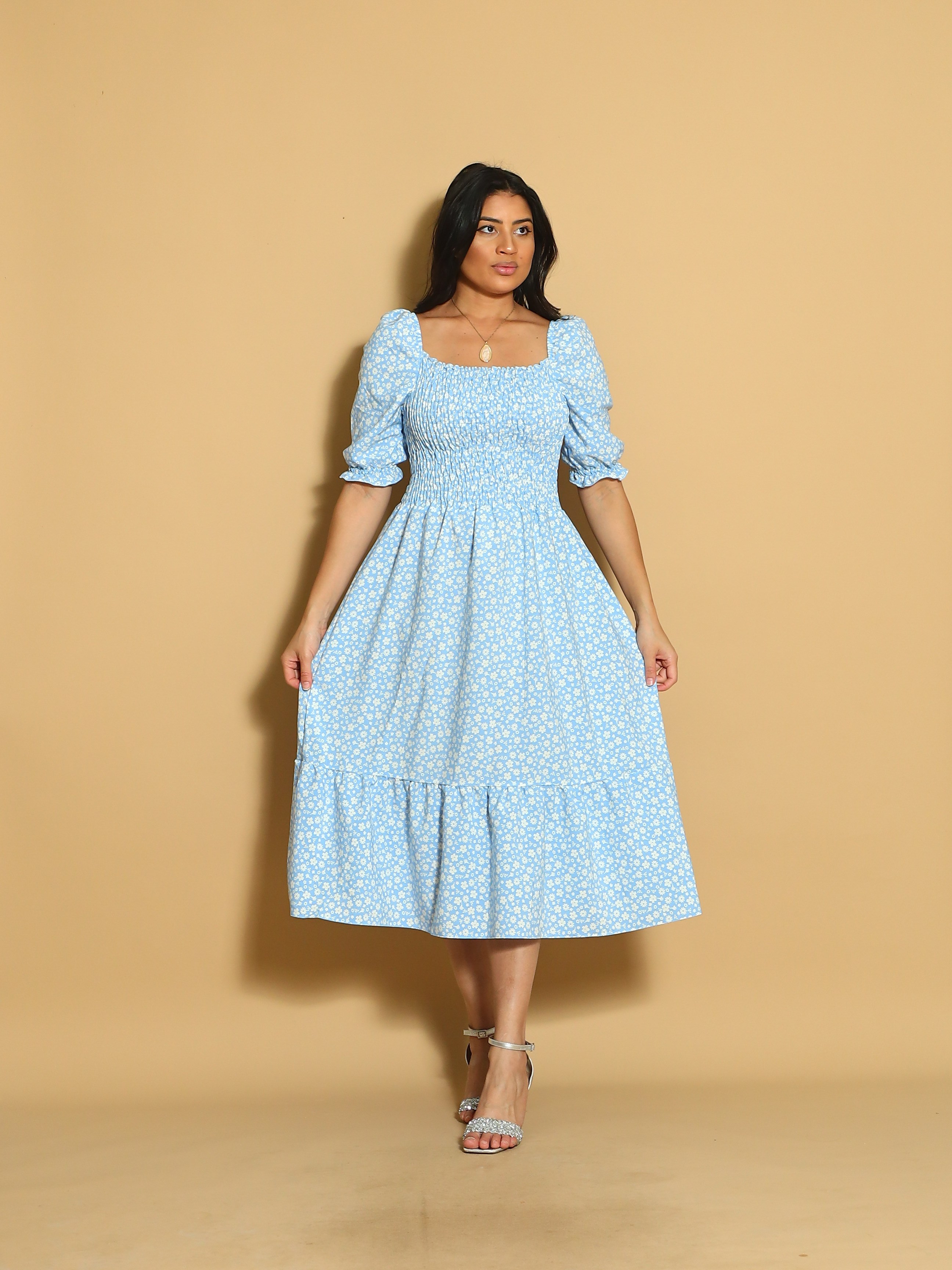 vestido midi estampado crepinho manga curta 0096