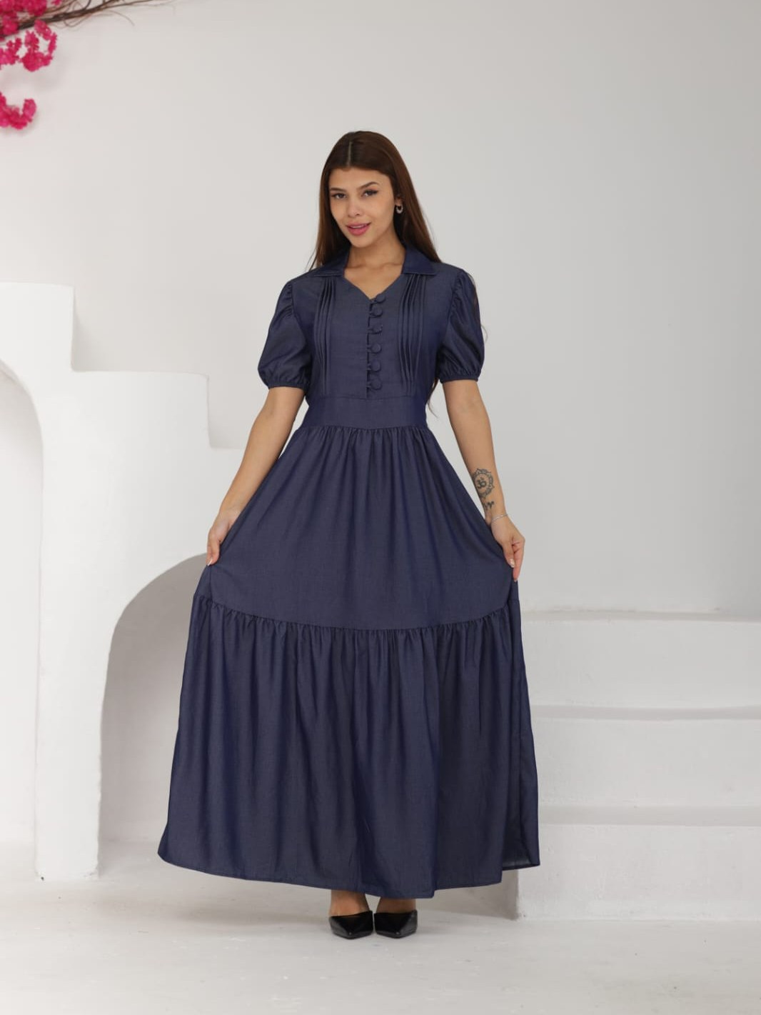 Vestido longo luxo chambray imitacao jeans manga curta 1269
