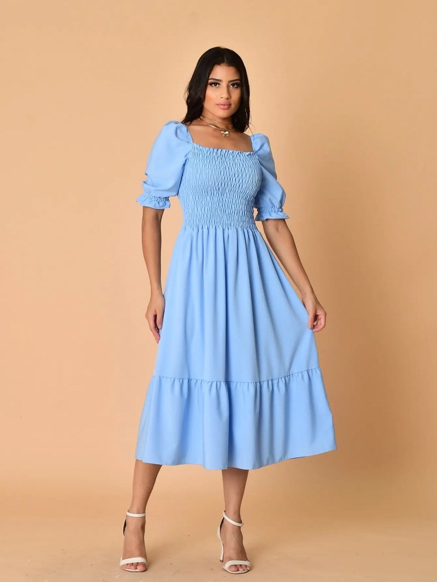 Vestido midi liso crepinho  manga curta leve  1942