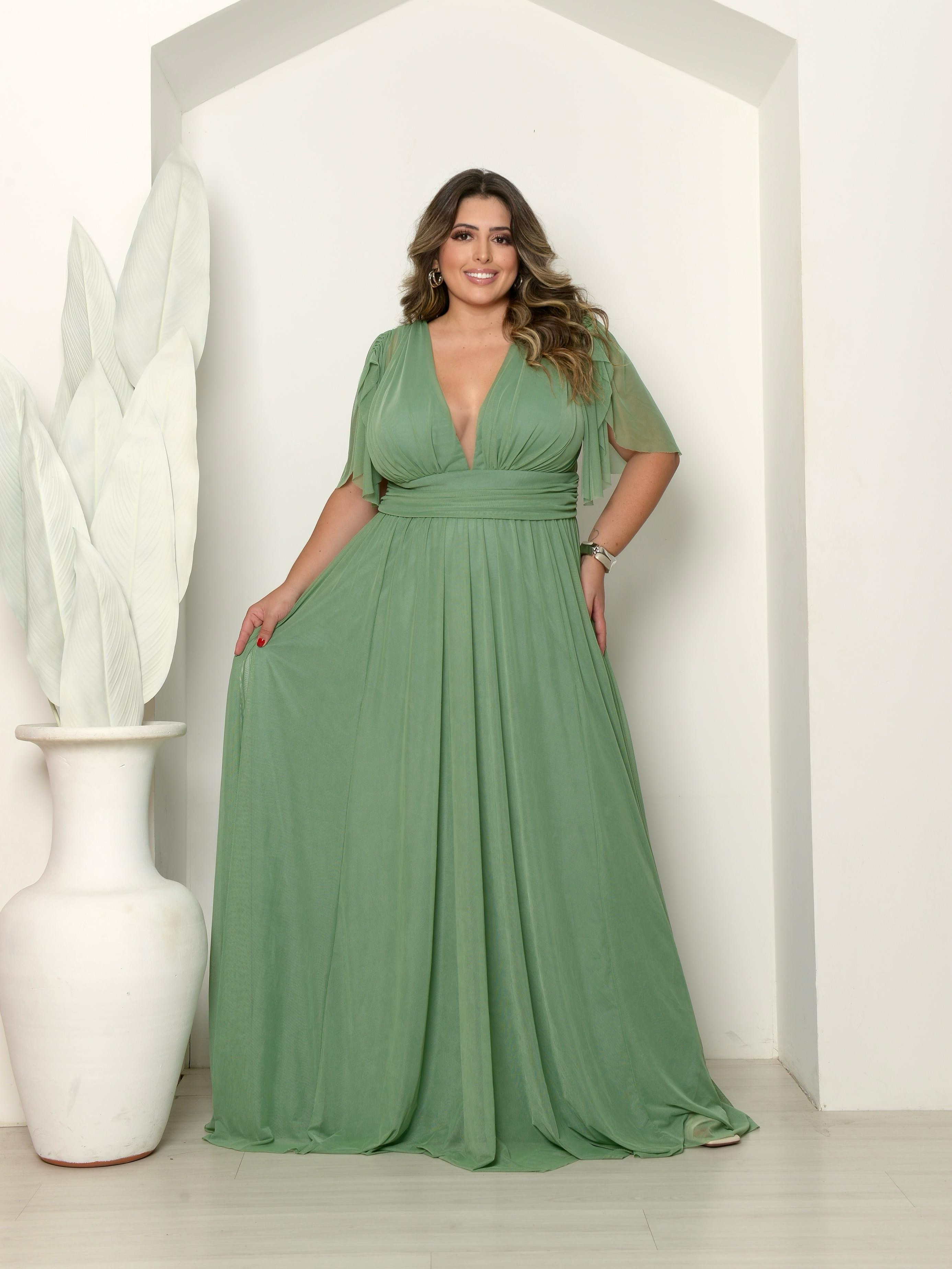 Vestido longo plus size de tule festa  manga curto 1349