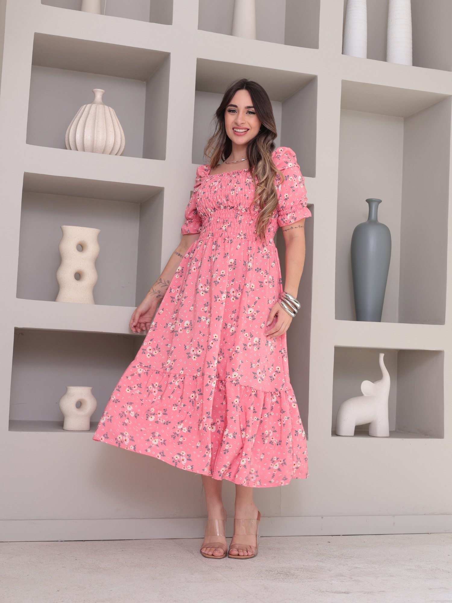 Vestido midi elegante estampado crepinho manga curta 4163