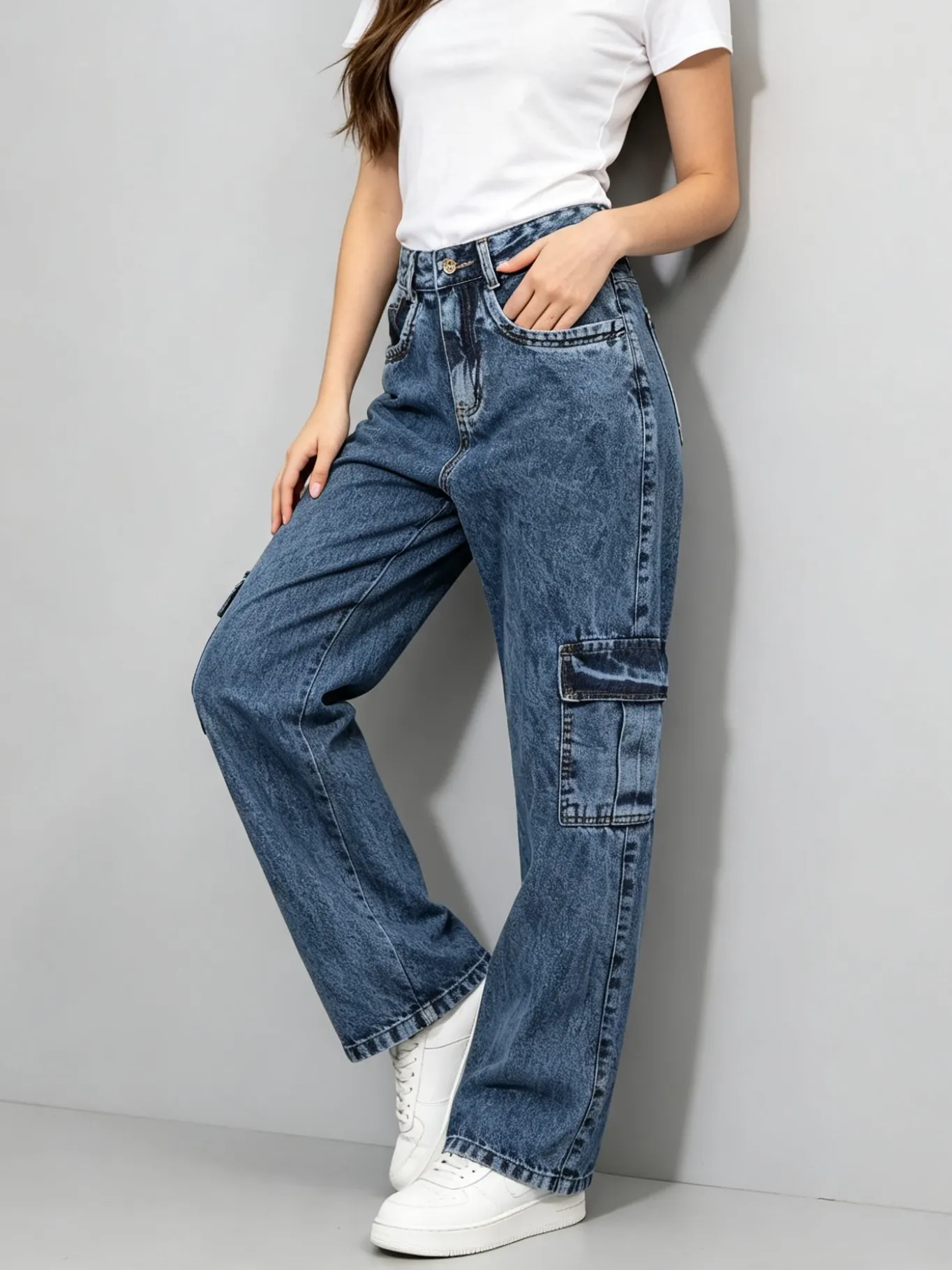 calça cargo jeans sem com bolso lateral perna larga 66050