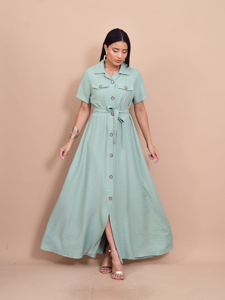 Vestido Longo Luxo liso elegante sensorial manga curta 11336