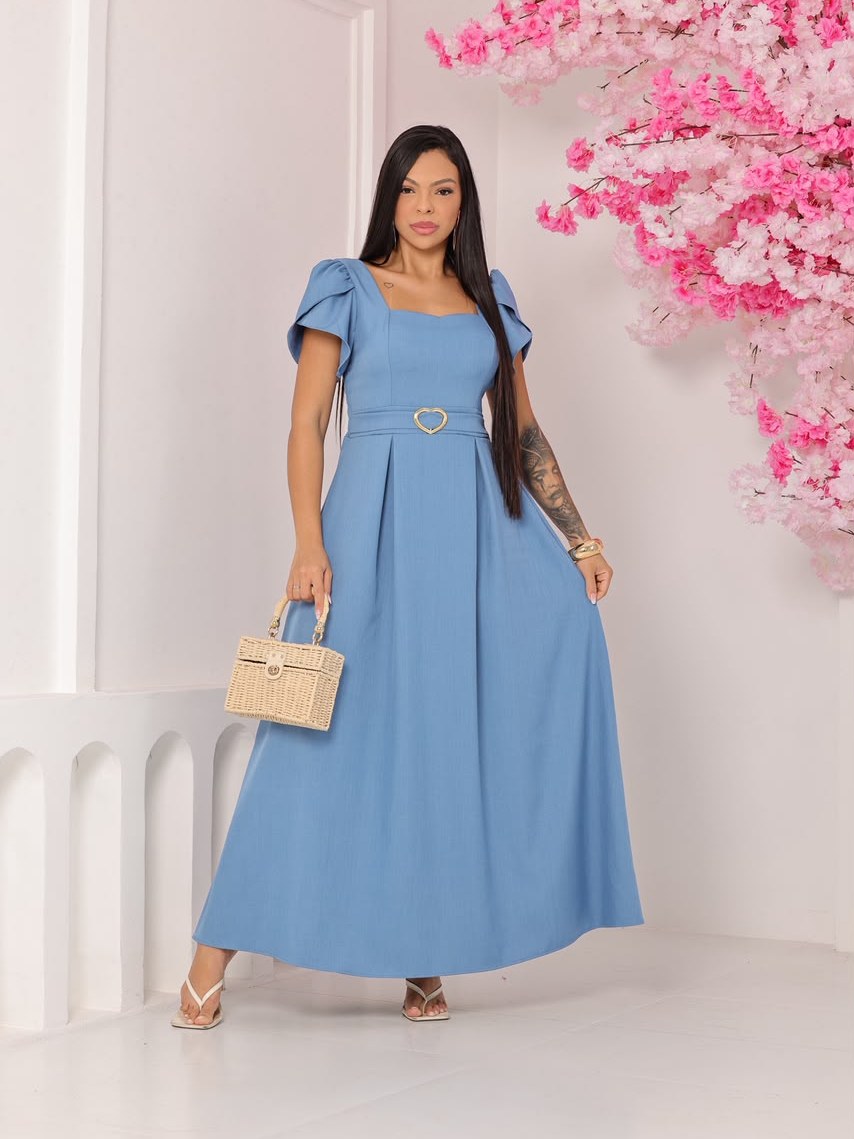 Vestido longo manga curta  com detalhes na cintura 22353