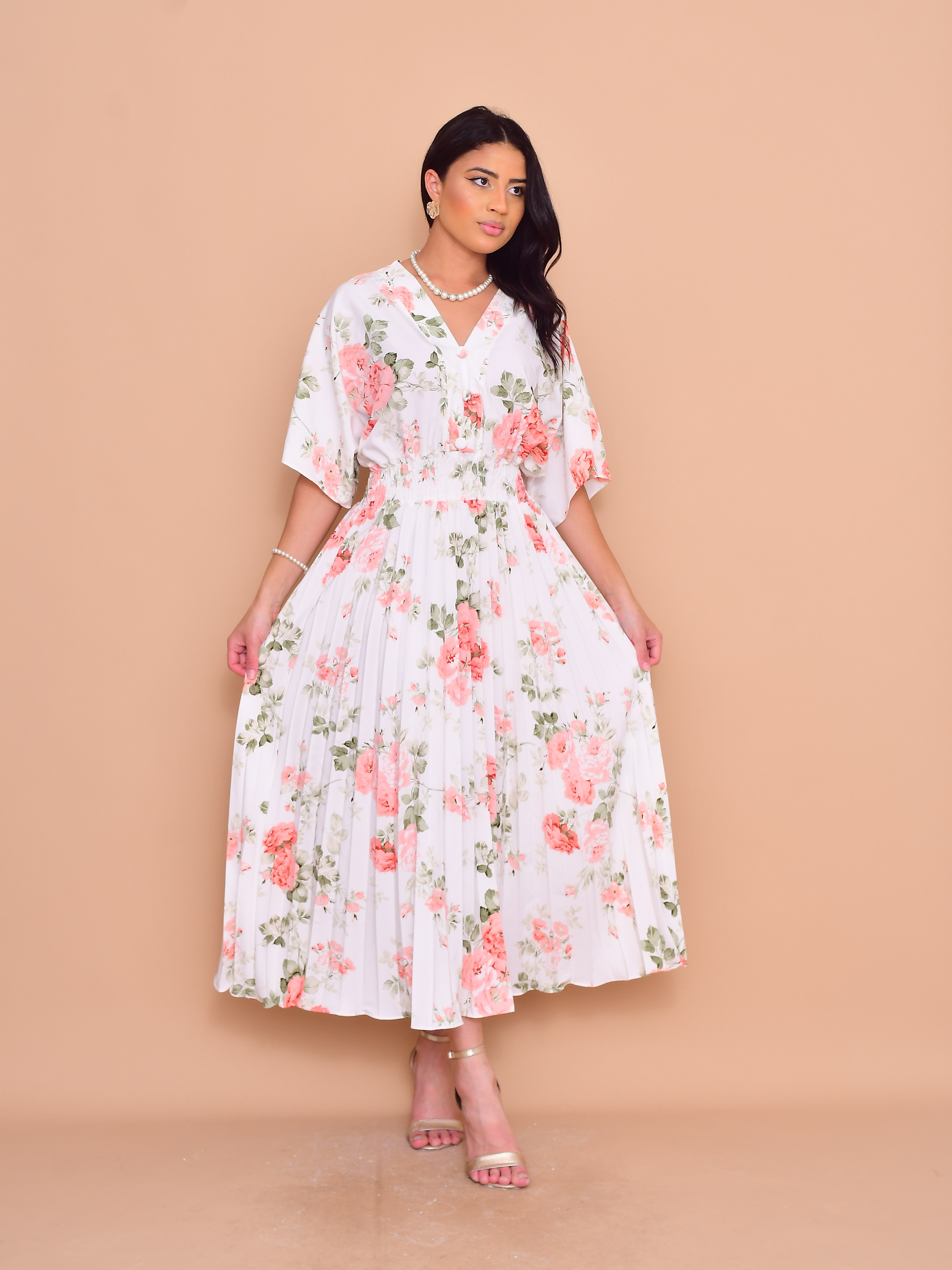 Vestido Midi Feminino com botão Manga Curto Plissado4028