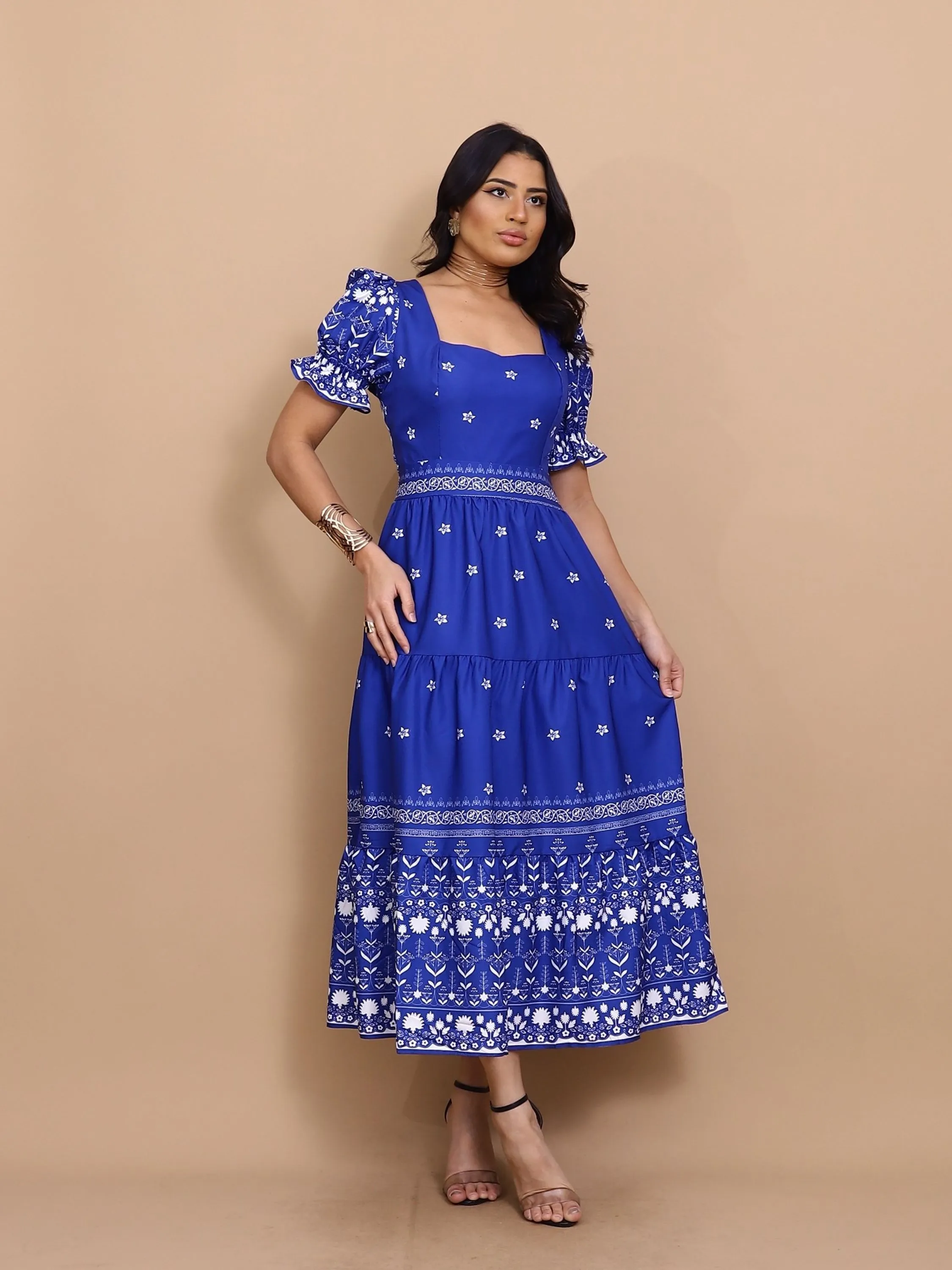 Vestido midi elegante estampada crepinho manga curto 0056