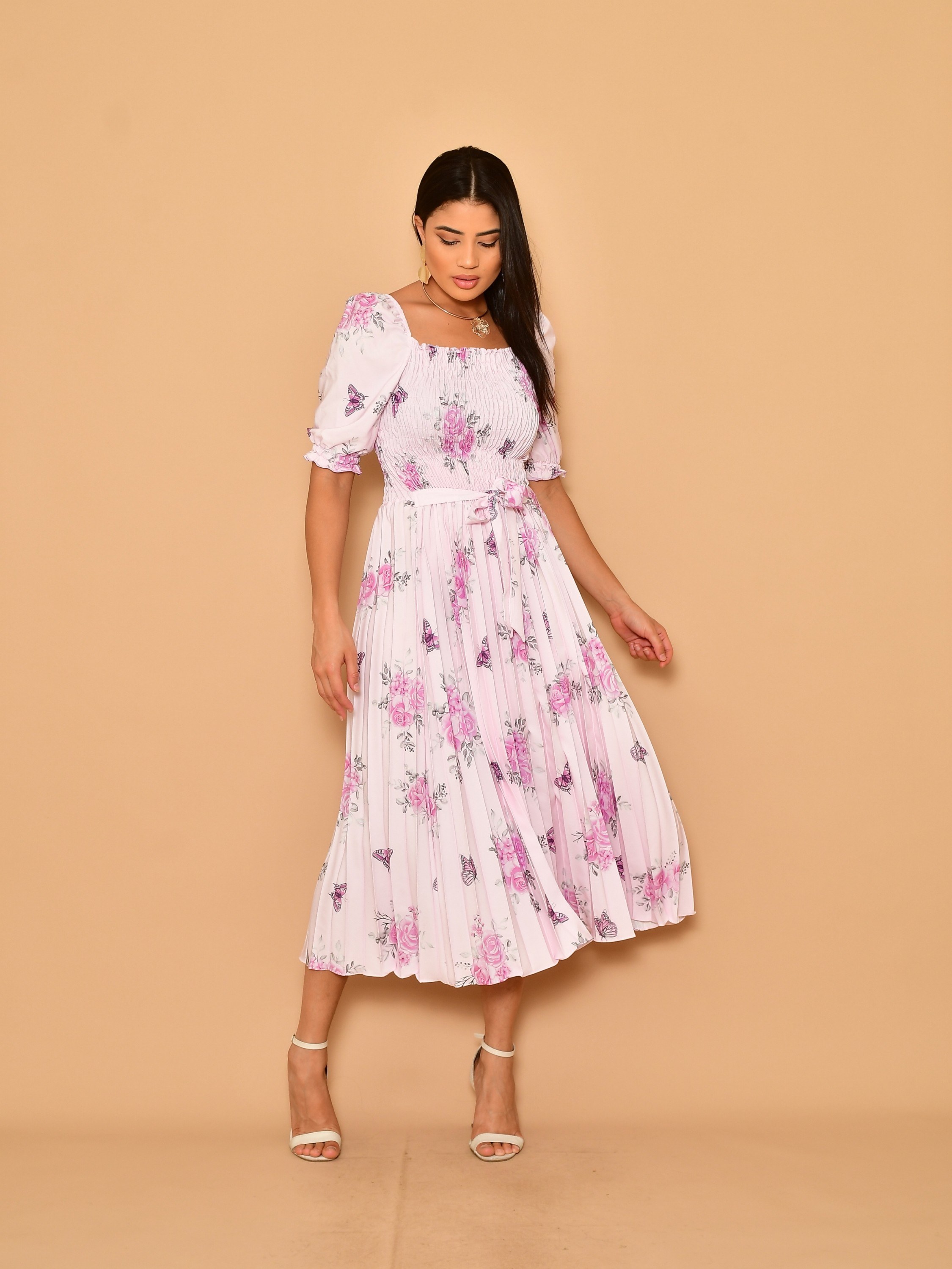 Vestido midi elegante estampado plissado manga curta 0074