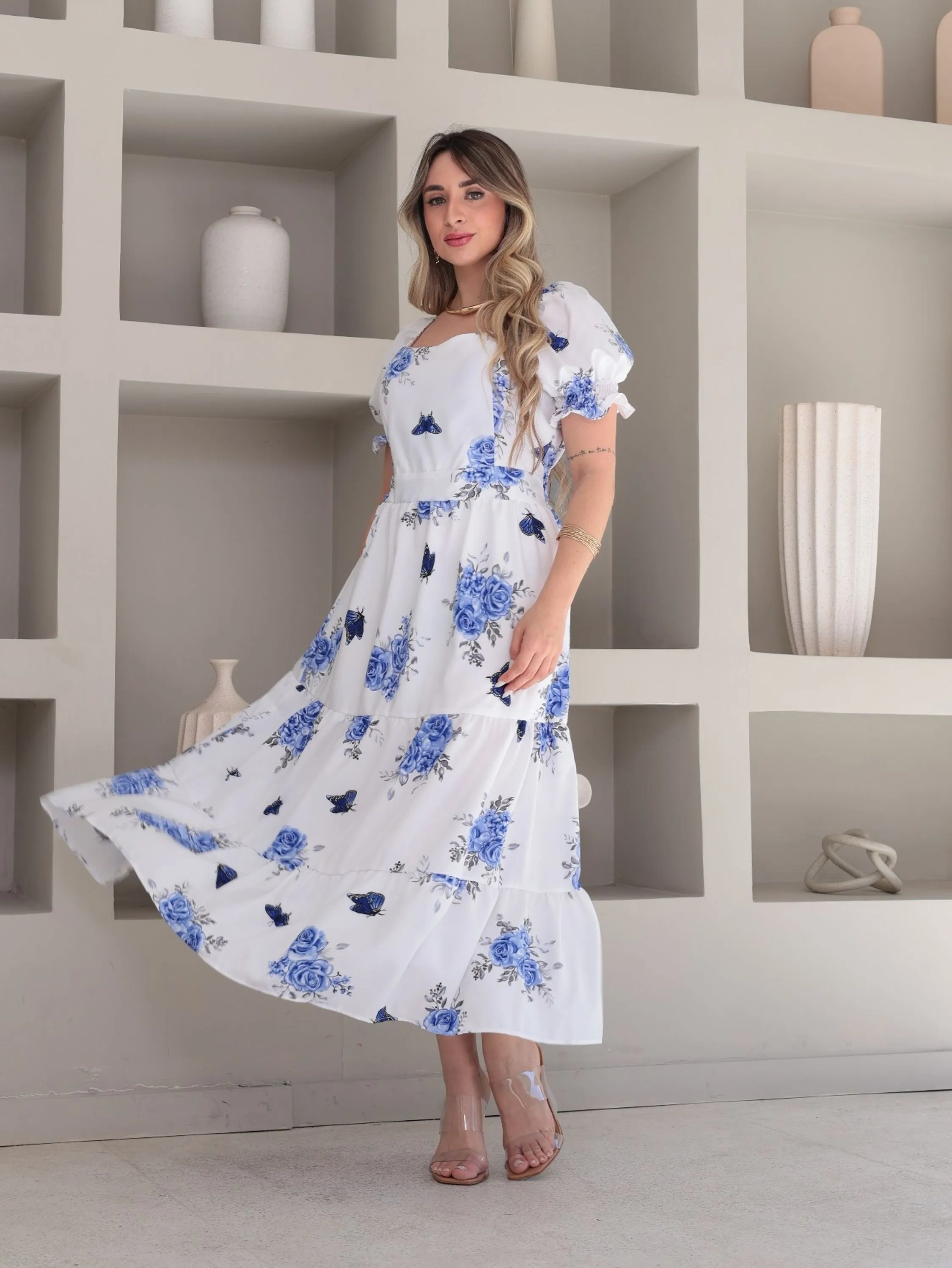Vestido midi estampada crepinho manga curto