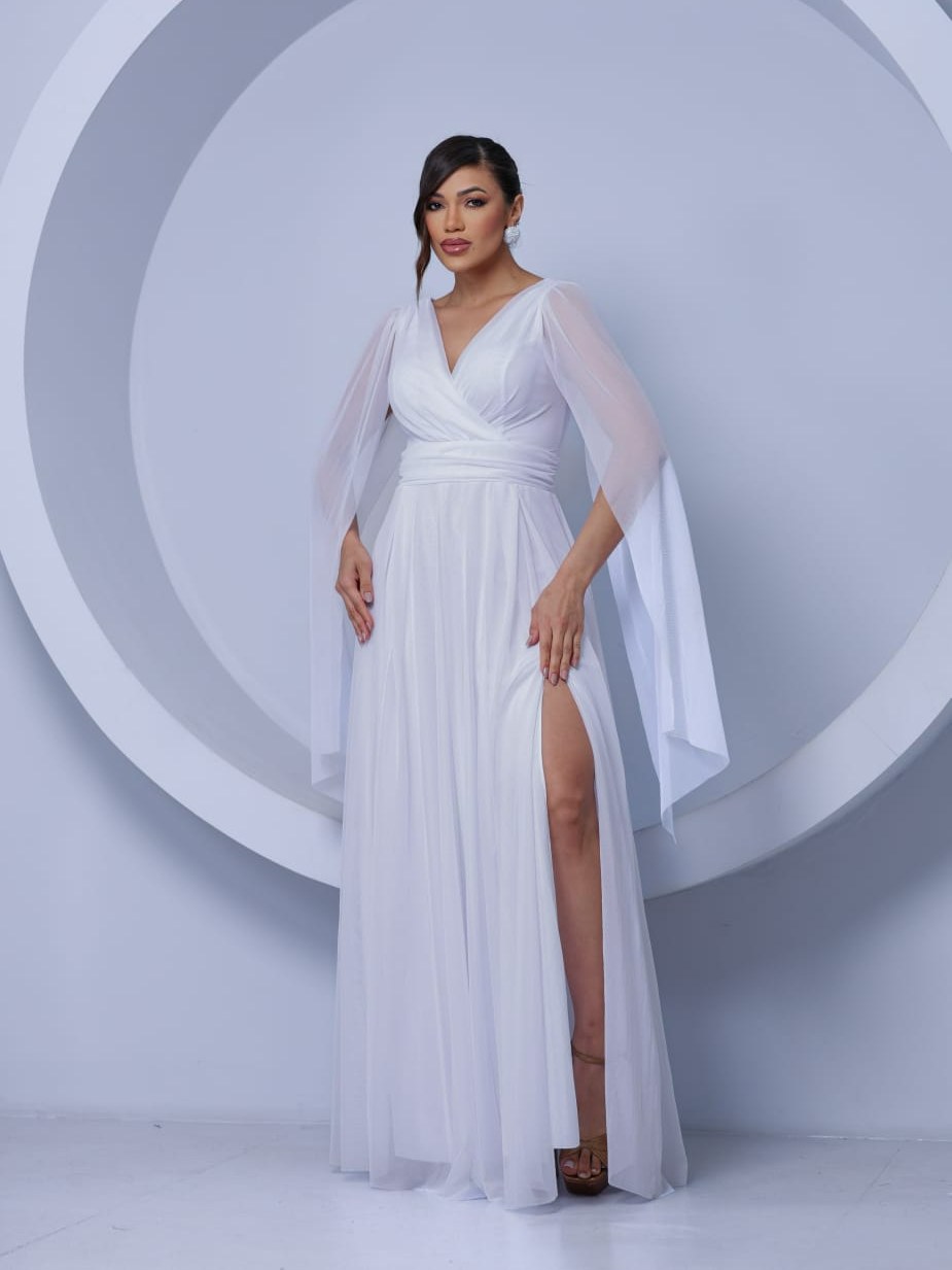 Vestido longo de festa tule forrado madrinha fenda 1350