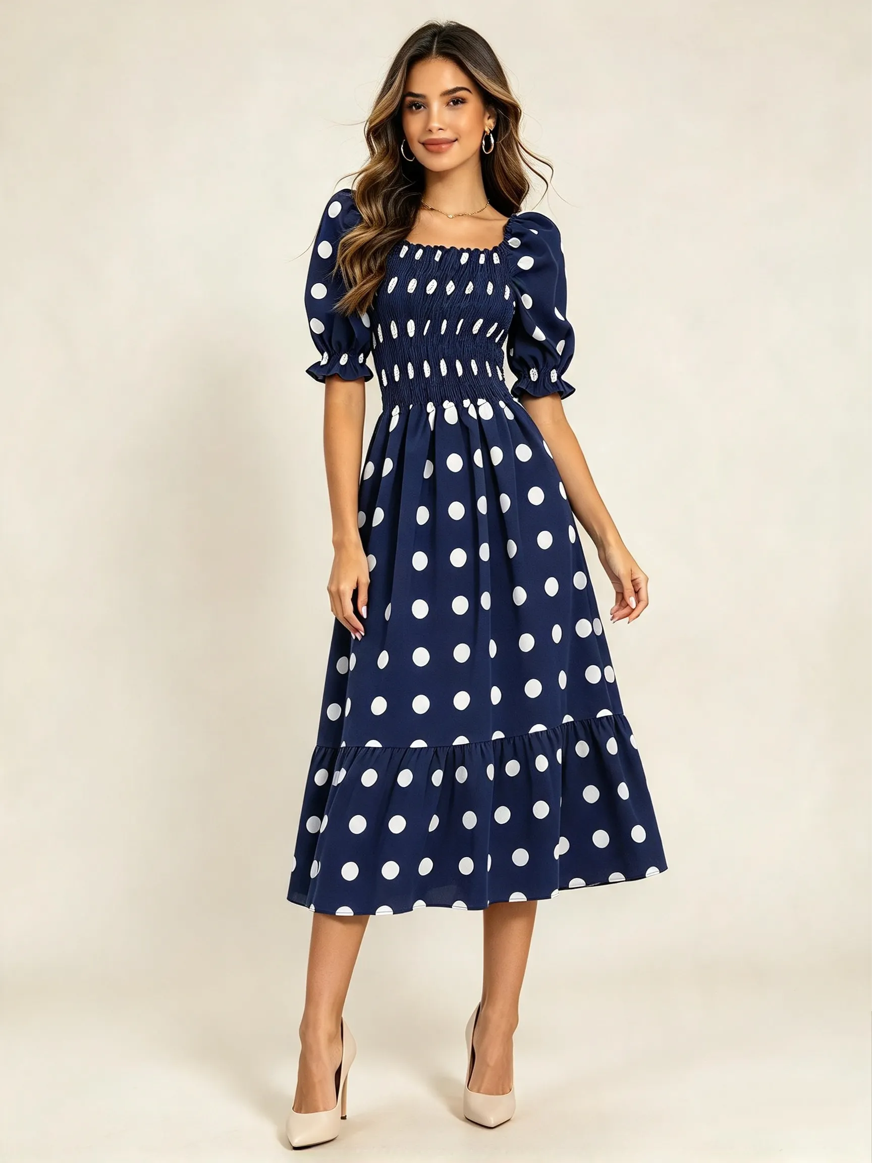 Vestido midi elegante poa manga curta
