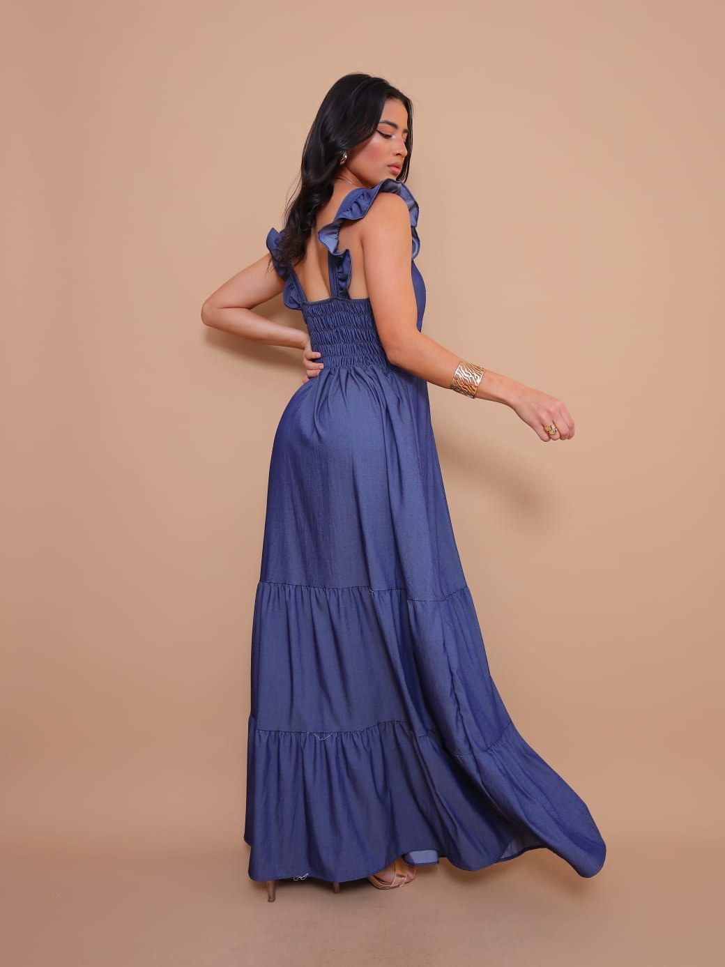 Vestido longo luxo chambray imitação jeans com babado 11293