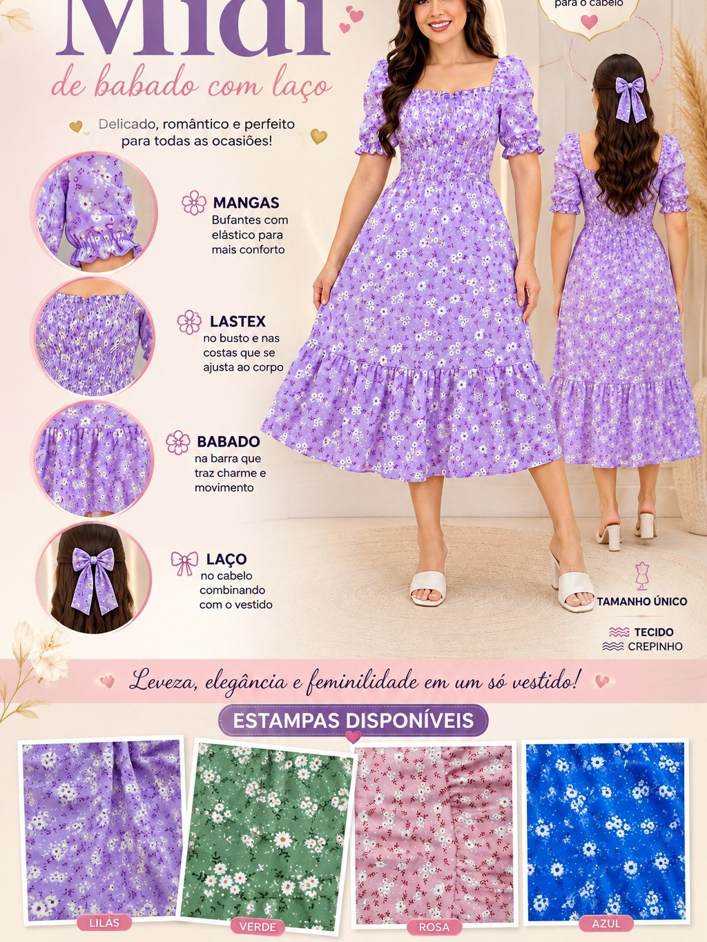 vestido midi com laco estampado crepinho manga curta4144