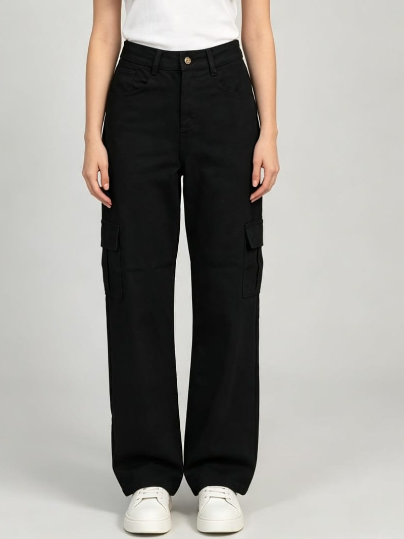 calça cargo jeans preto com bolso lateral perna larga 66048