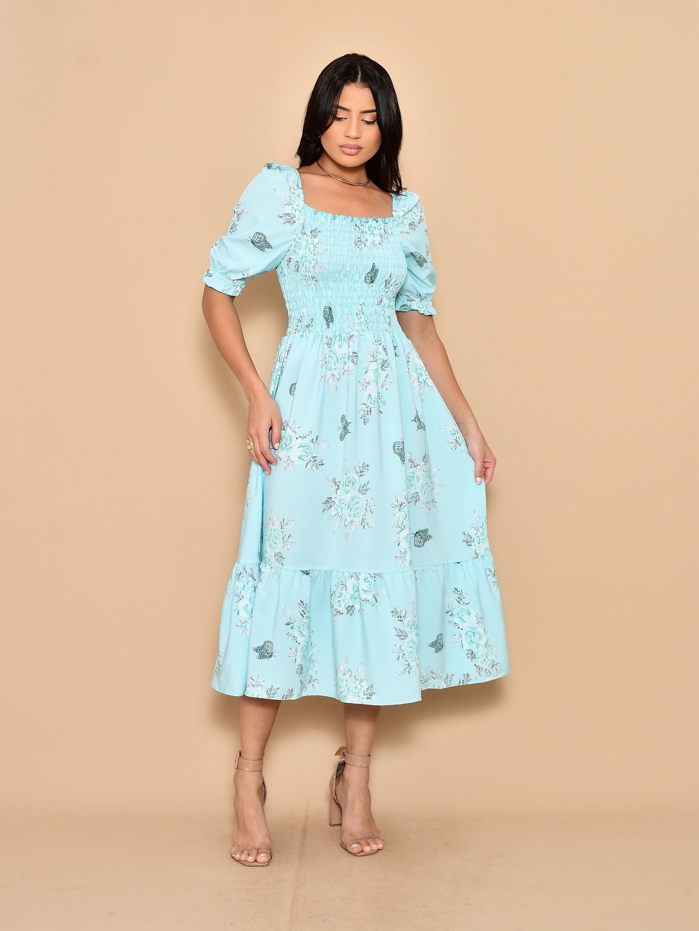 Vestido midi elegante estampada crepinho manga curto 0090
