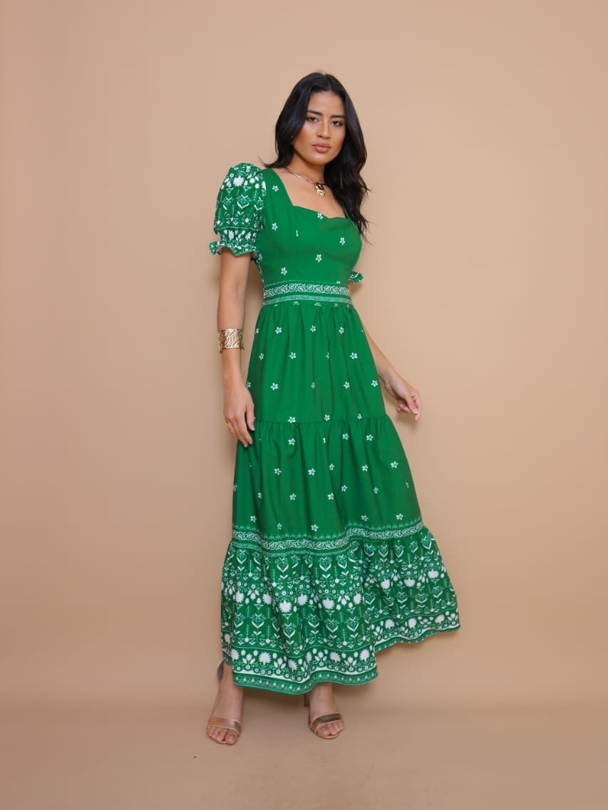 Vestido longo elegante estampado crepinho manga curto 33165