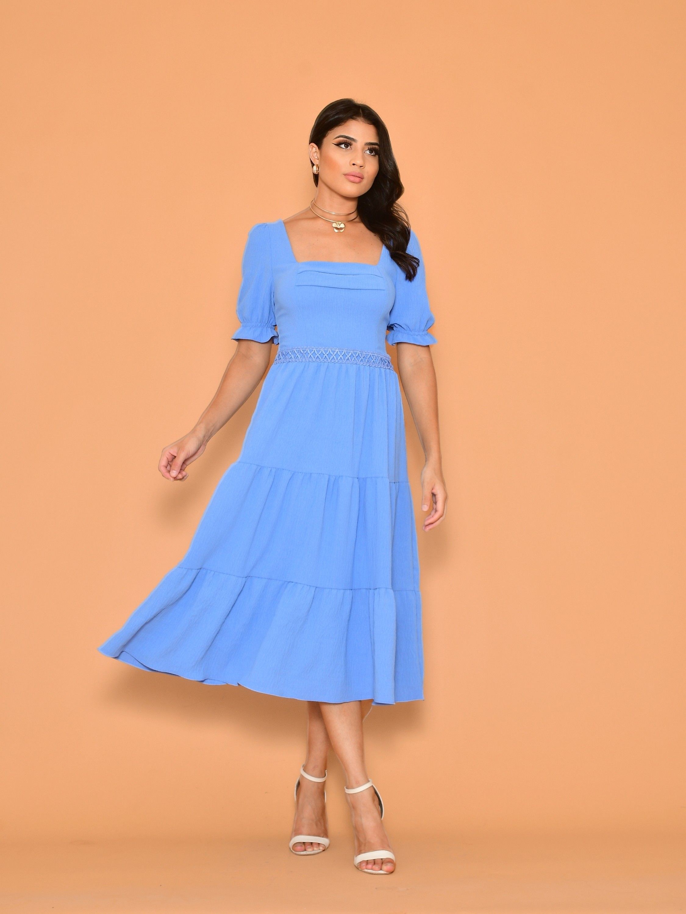 Vestido midi liso duna com renda na cintura manga curto 5153