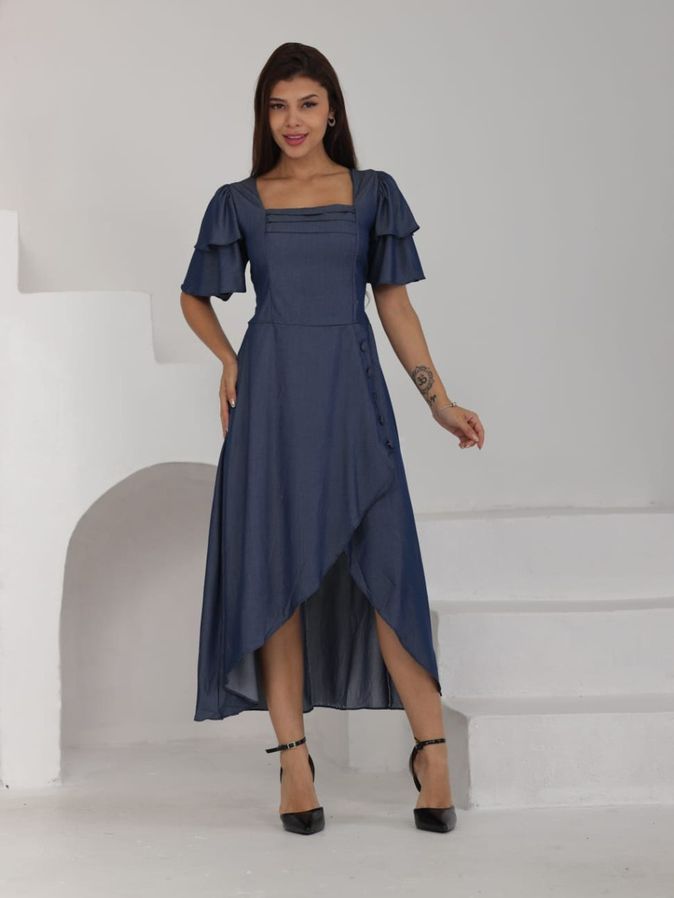 Vestido midi chambray inmitacao jeans manga curta 4049