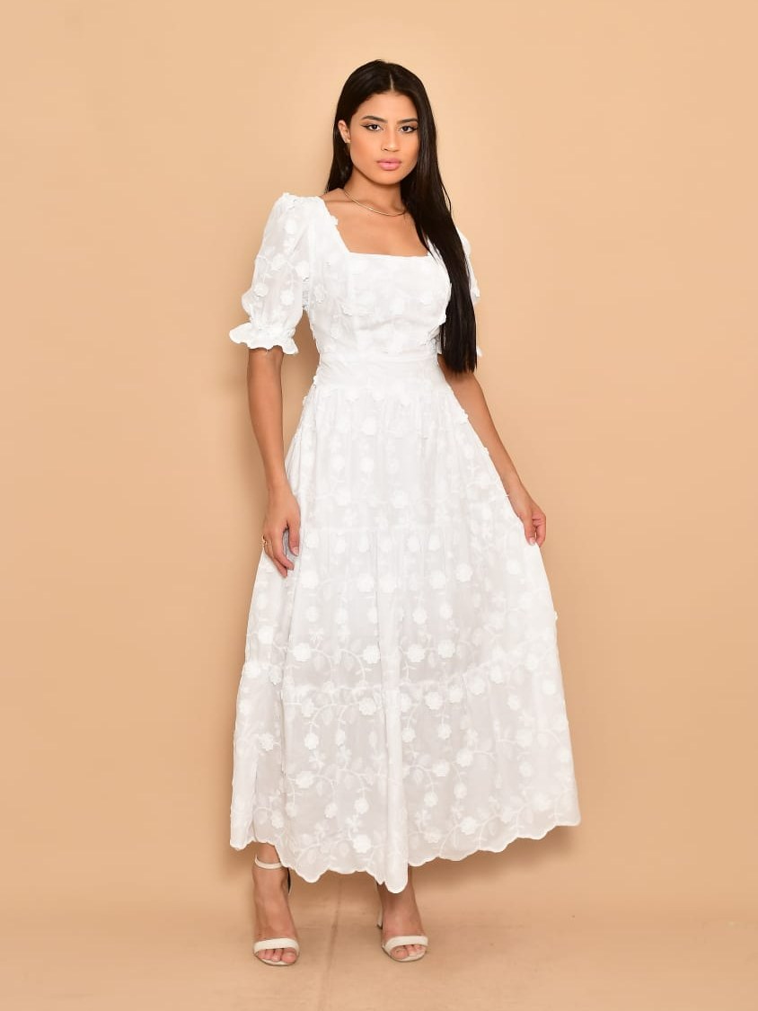 Vestido Longo Luxo lese bordado manga curta 0259